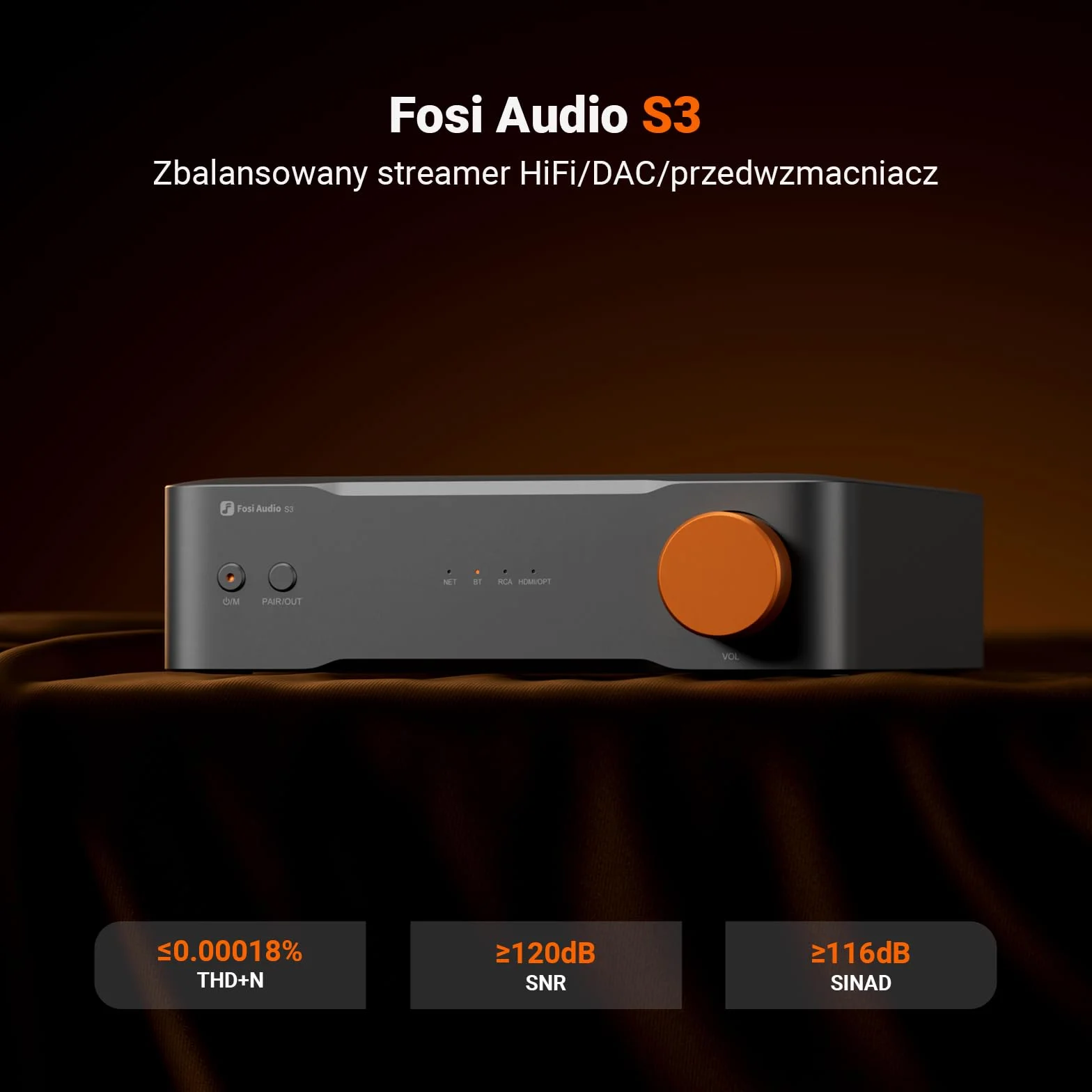 Fosi Audio S3 HiFi Music Streamer DAC Preamp, DAC Wi-Fi 6 Bluetooth 5.3, Transporter Cyfrowy Z Wyjściem XLR Zbalansowanym/Optycznym/Sub/HDMI eARC, AirPlay 2 Spotify Connect Tidal, Korektor 5-Pasmowy