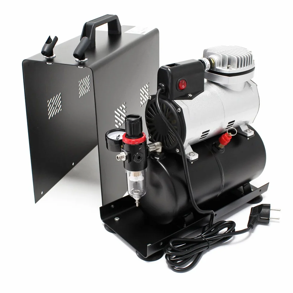 Wiltec Airbrush AF186A sprężarka jednocylindrowa do maks. ciśnienia 4 bar, w obudowie z automatycznym wyłączaniem i zbiornikiem powietrza, do modelarstwa, paznokci, tatuaży, pojazdów