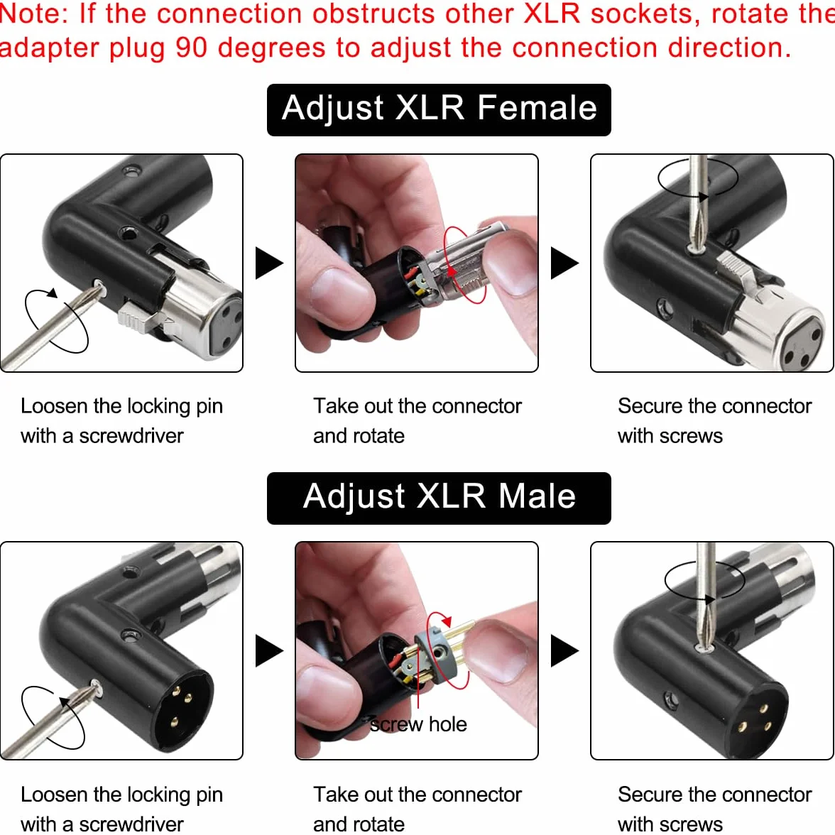 Metalowy adapter kątowy XLR 3-pinowy, podwójna wtyczka i gniazdo, regulacja 90 stopni, 2 sztuki