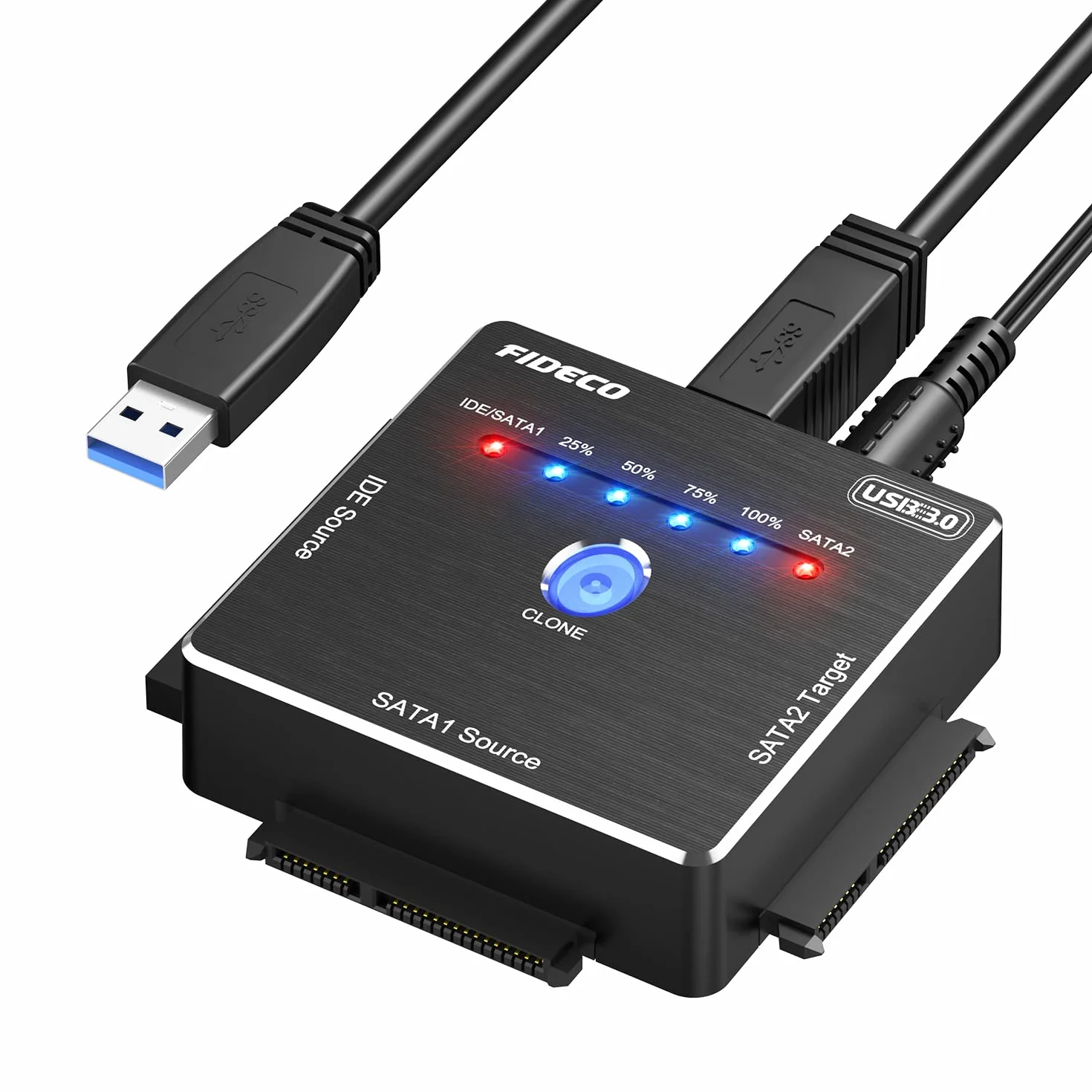 FIDECO Adapter USB 3.0 Na SATA i IDE, Konwerter Dysków Twardych Do 2,5 i 3,5 Cala HDD SSD, Zewnętrzny Adapter Z Zasilaczem 12 V, Bez Kierowcy (Klonowalny)