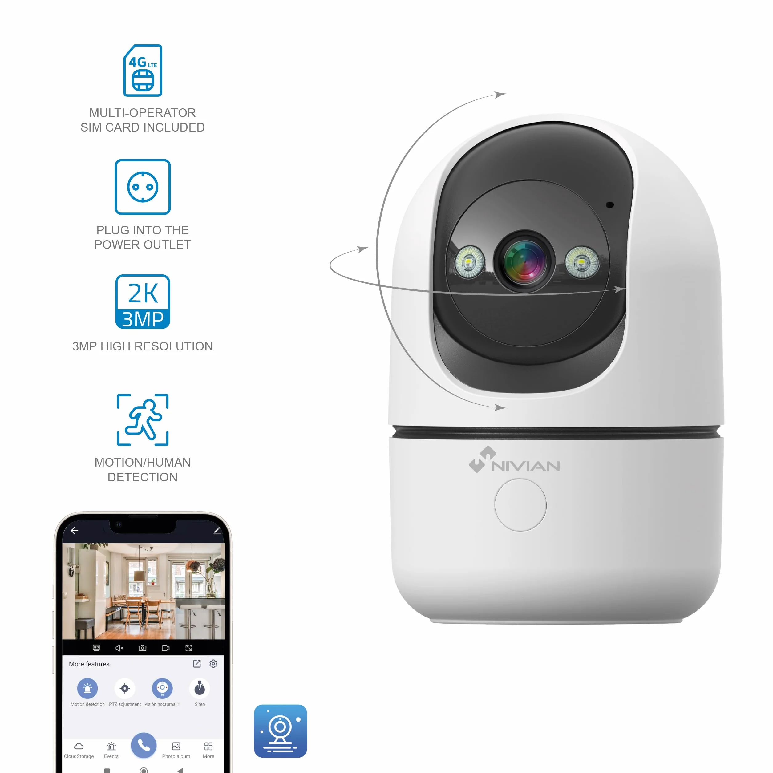 NIVIAN Kamera do monitoringu wewnętrznego 4G karta danych zawiera 3MP SuperHD 2K - Night Vision, Wykrywanie ludzkiej AI, automatyczne śledzenie, dwukierunkowy dźwięk, ruch 350°, kontrola aplikacji