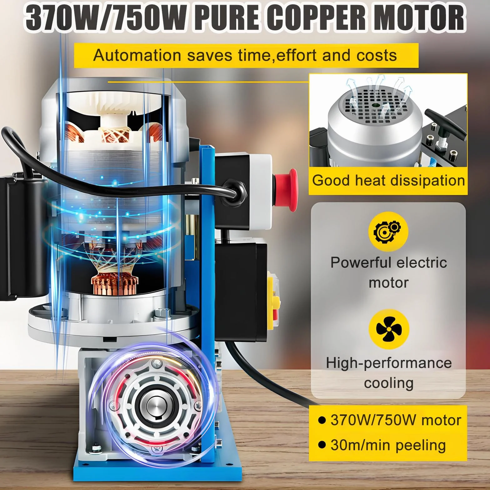 Elektryczna maszyna do ściągania izolacji, automatyczny ściągacz kabli 370 W/750 W do odzyskiwania złomu miedzi 1,5-38 mm, regulowana długość cięcia 1-999 mm