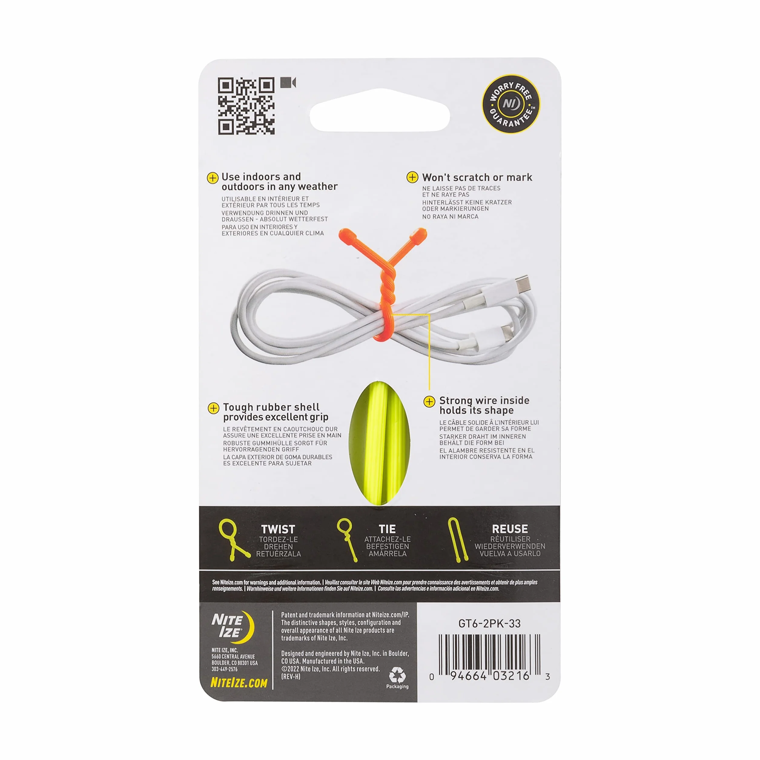 Nite Ize Gear Tie 6 – Neon Yellow 2-PK Zacisk, Żółty, S/6 Inch