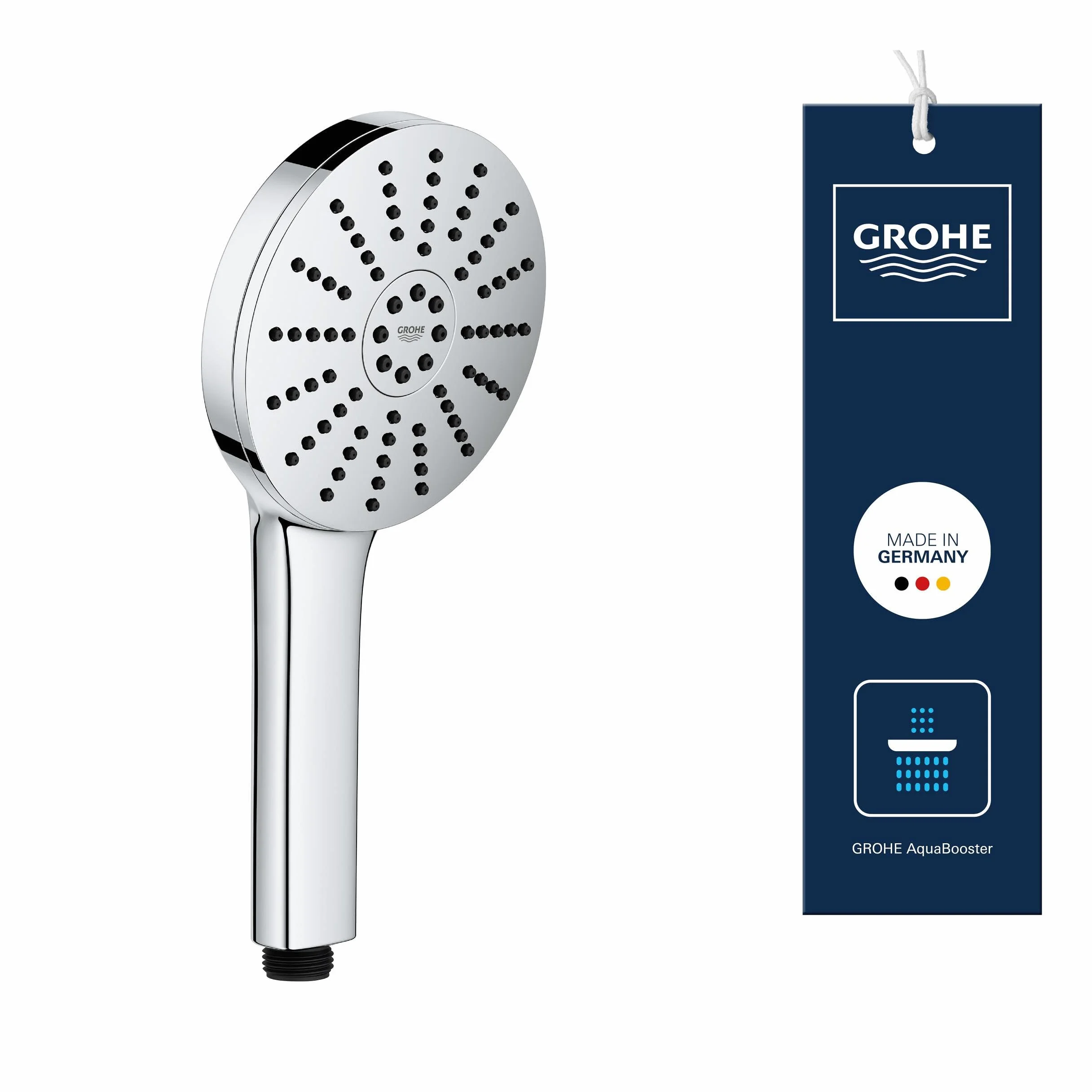 Słuchawka prysznicowa GROHE Vitalio Joy+ 120, 3 strumienie (Rain, Jet, Booster), Przepływ 6,3 l/min, Duża tarcza 12 cm Chrom, Ochrona przed oparzeniem, Uniwersalny montaż 1348630000