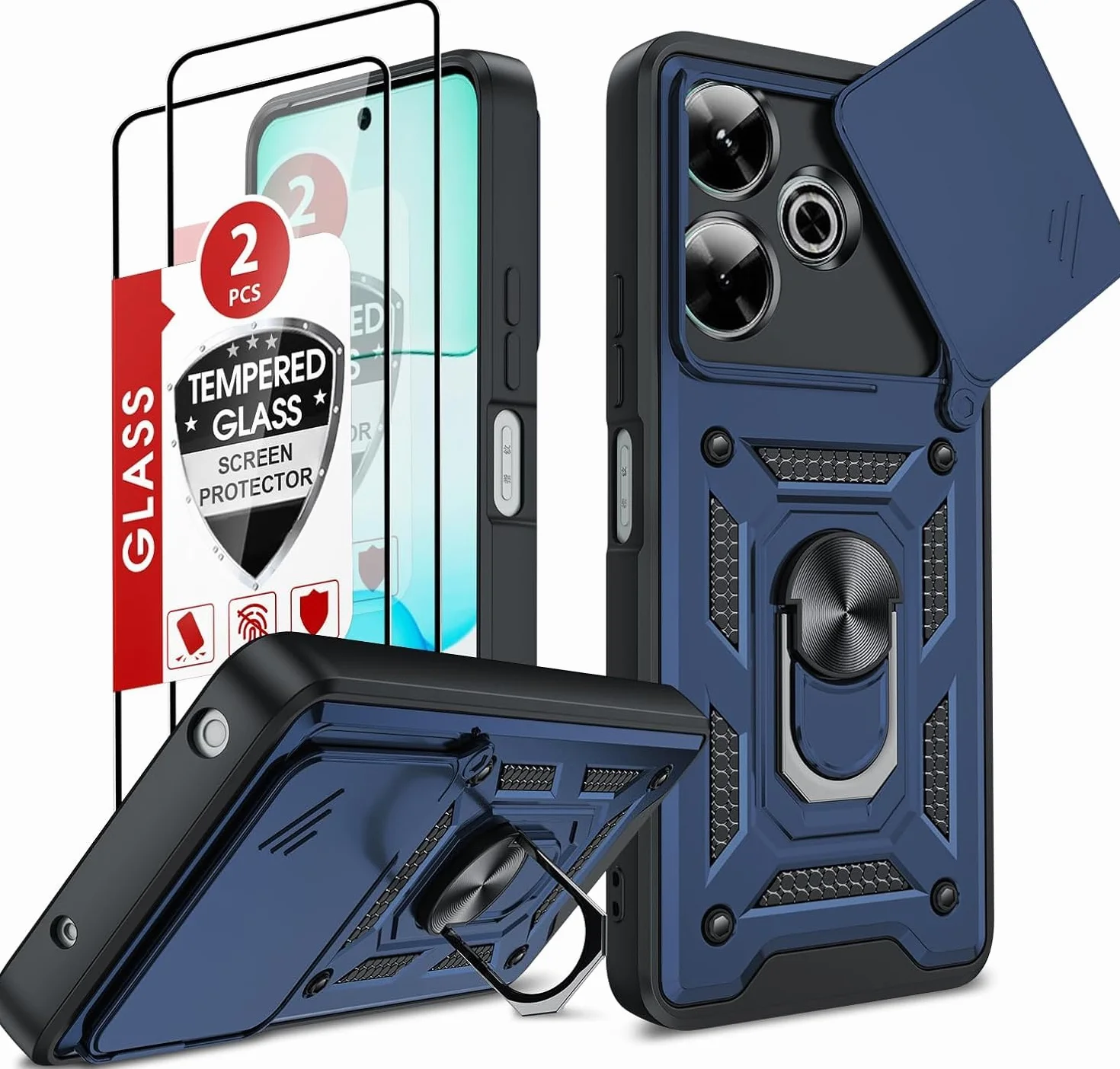 LeYi Etui do Xiaomi Redmi 13 4G/POCO M6 4G z pierścieniem, szkło hartowane, twardy silikon TPU, ochrona kamery