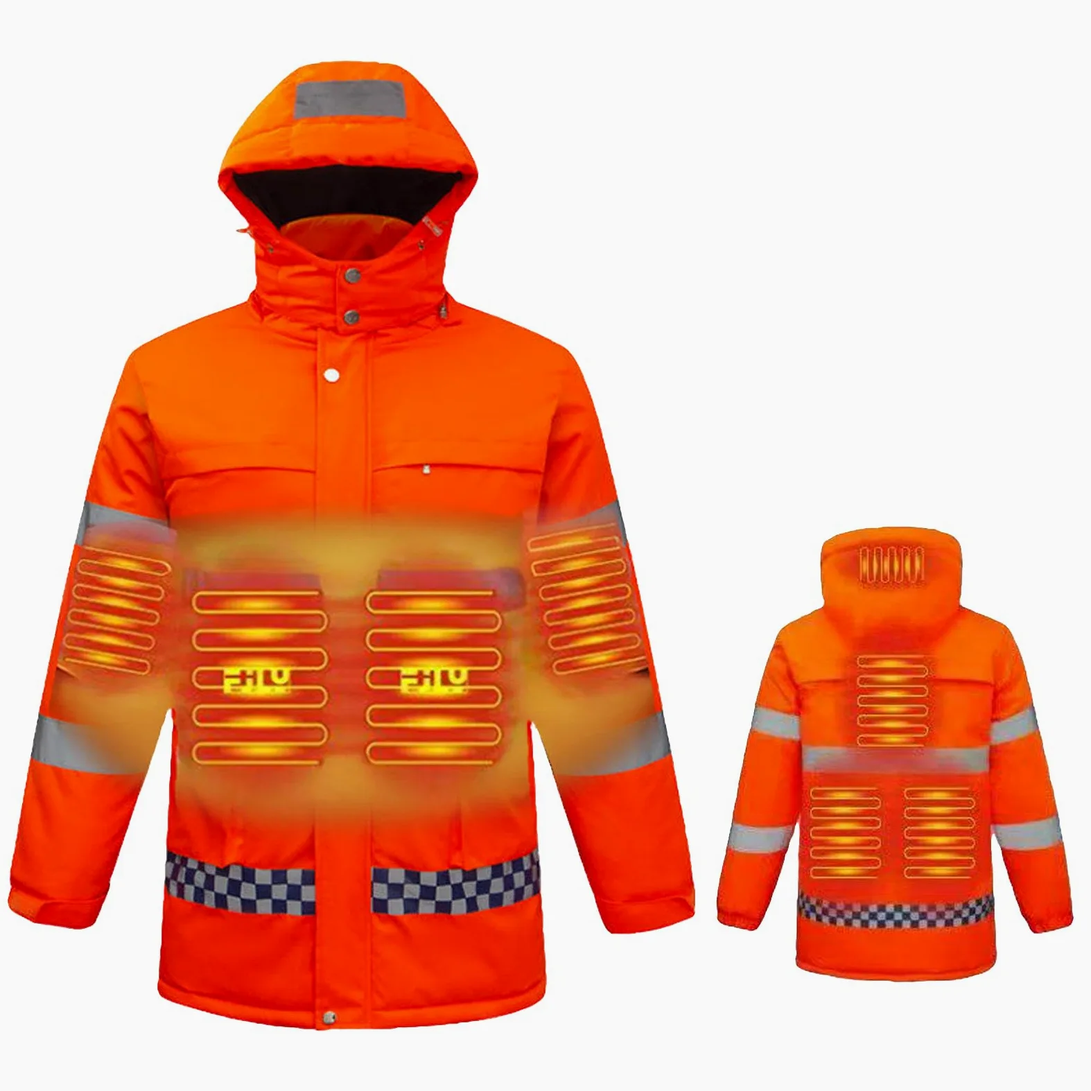 Kurtka odblaskowa, podgrzewana kurtka odblaskowa, odzież robocza o wysokiej widoczności, kamizelka ocieplana z elementami odblaskowymi.Orange,2XL