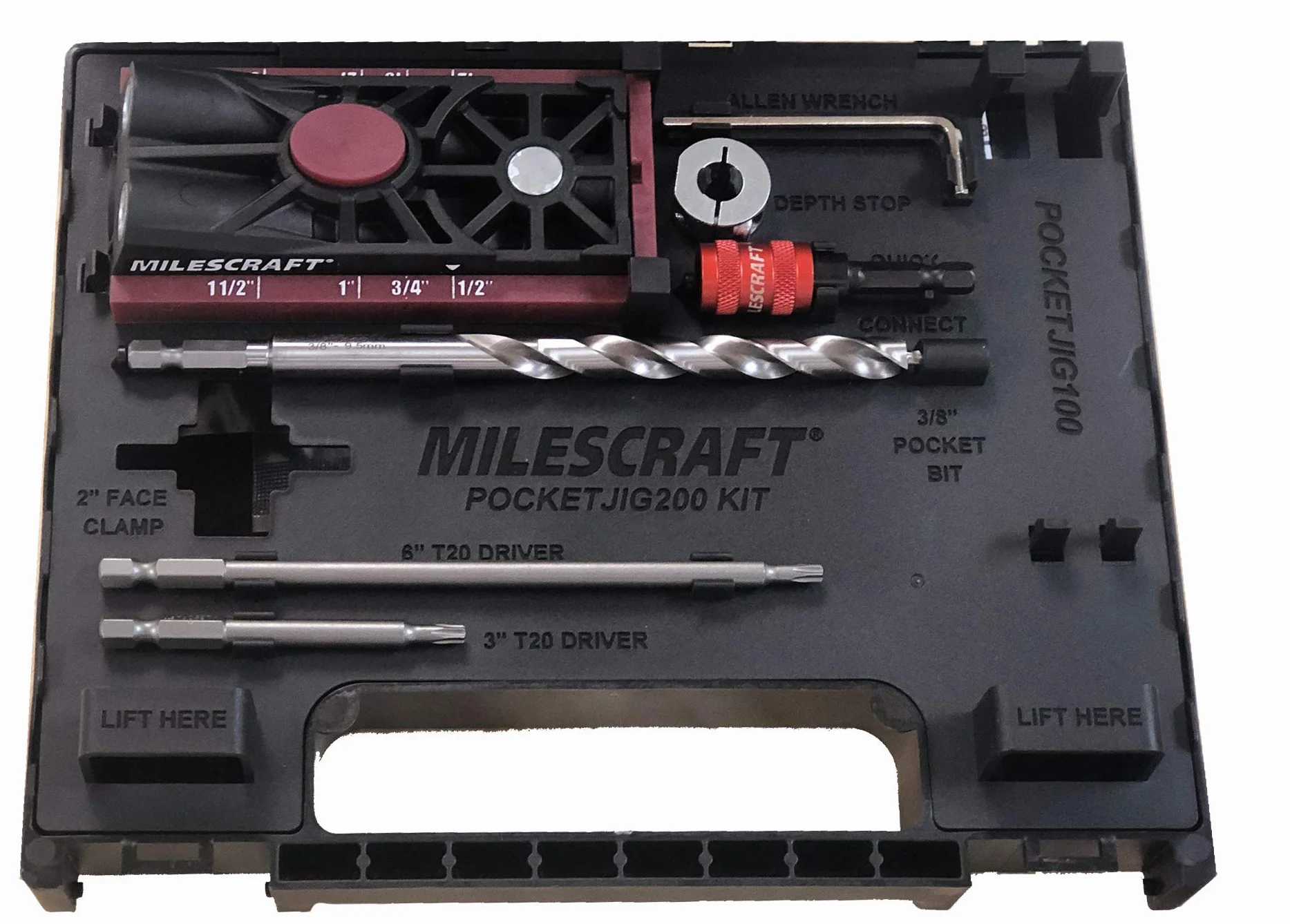 Milescraft 1325 Pocket Jig 200 – kompletny system podwójnych/podwójnych otworów kieszonkowych. Łatwy w użyciu, prowadnica do wiercenia otworów kieszonkowych, przyrząd śrubowy ze wszystkimi