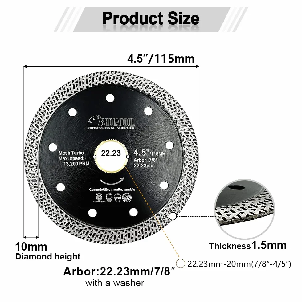 SHDIATOOL Tarcza do cięcia diamentowego 5 szt. 4,5 cala / 115 mm brzeszczot piły z siatką Turbo do płytek porcelanowych ceramicznych granitowych marmur