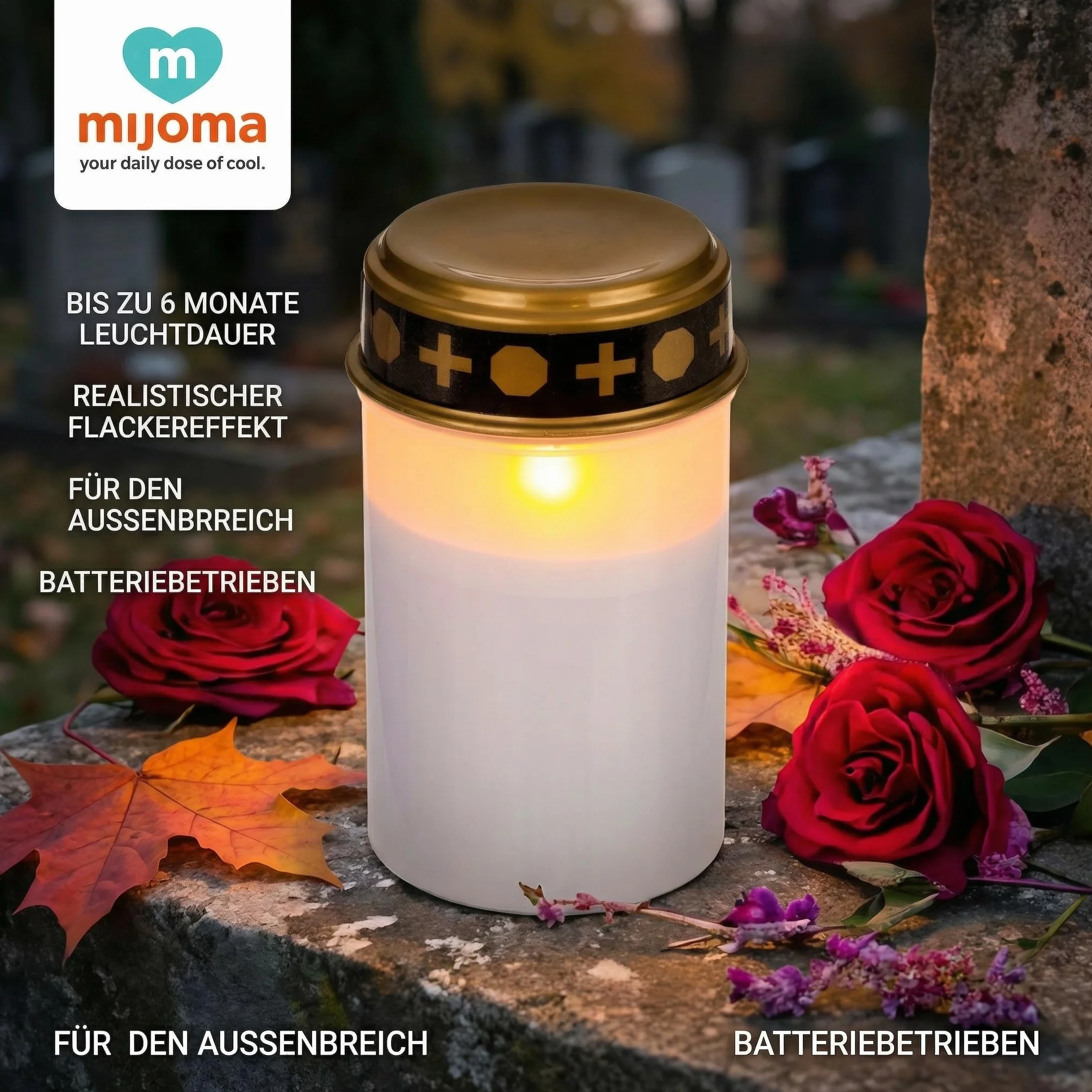 MIJOMA Lampy nagrobne LED do użytku na zewnątrz, zasilanie bateryjne, realistyczny efekt migotania, czas świecenia 6 miesięcy, świeca nagrobna, lampa nagrobna (zestaw 3 sztuk, biała)
