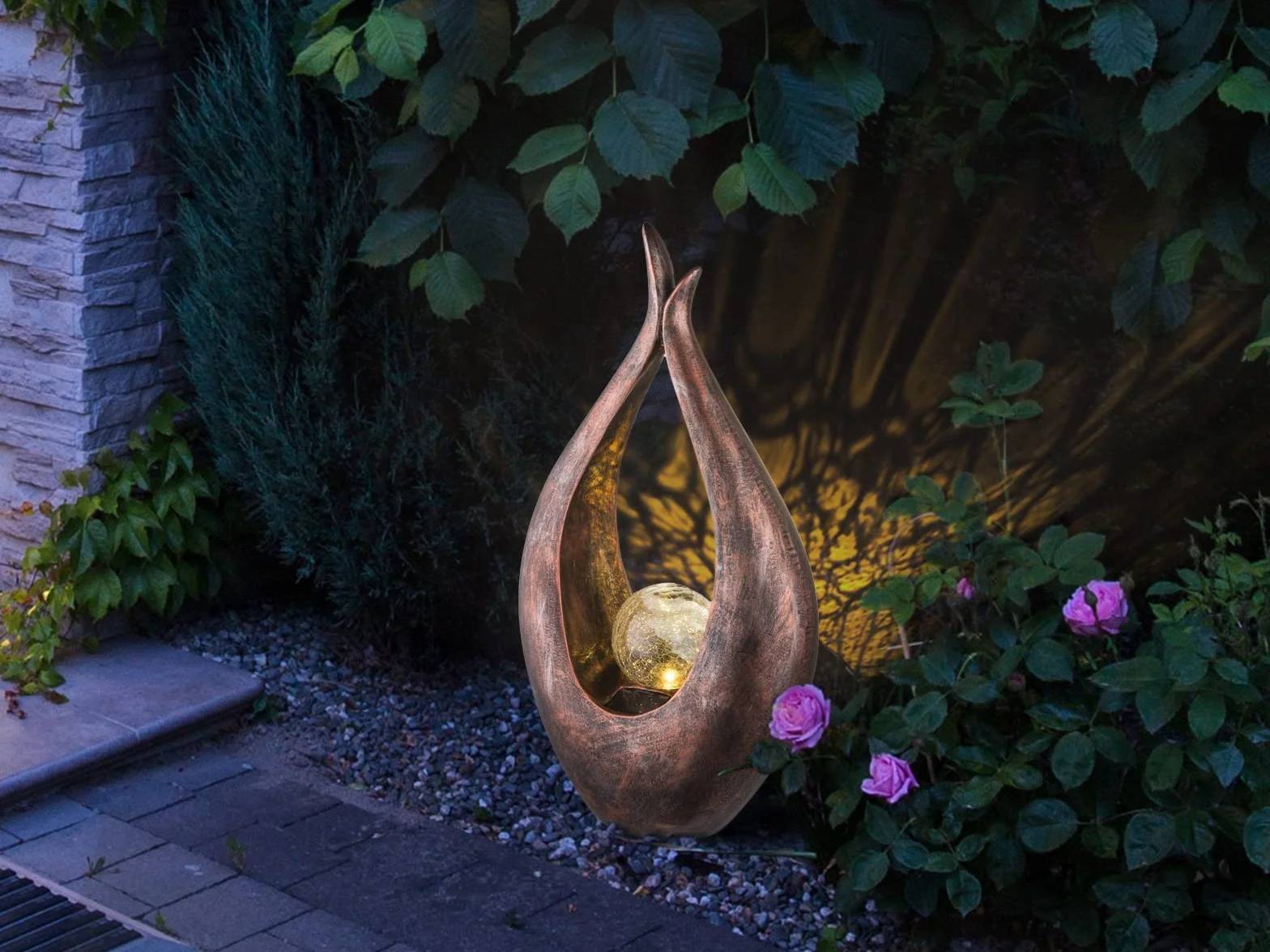 Lampy solarne LED, zestaw 2 sztuk, ze szklaną kulką Crackle – kolor brązu, wysokość 50 cm, wygląd kamienia, wysokość 30,5 cm