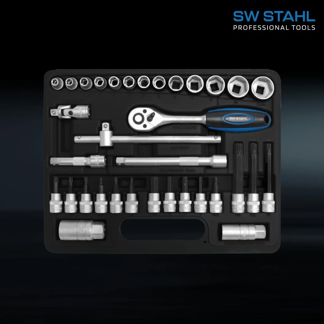 SW-Stahl 06520L Zestaw Kluczy Nasadowych - 34 Elementy - 3/8 Cala | Wytrzymała walizka narzędziowa, stal chromowo-wanadowa, do warsztatu i auta, nasadki i bity, jakość przemysłowa