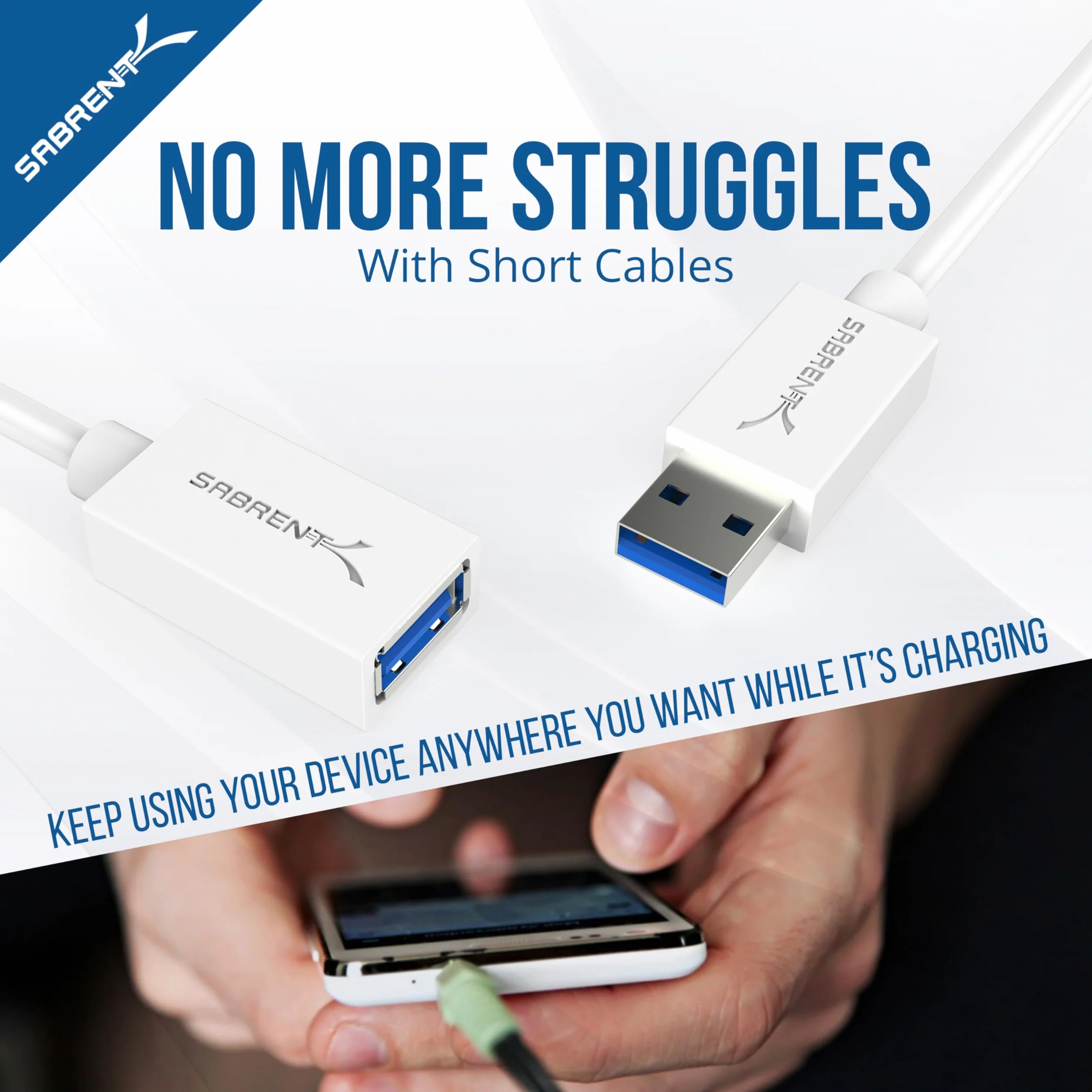 Sabrent Kabel przedłużający USB 3.0 A-męski na A biały 3 stopy CB-303W