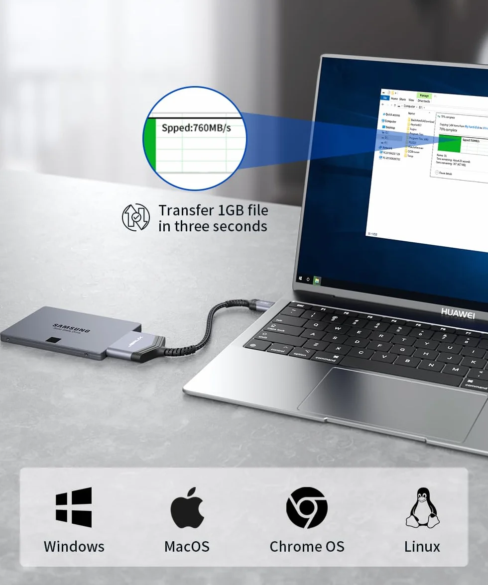 JSAUX Adapter SATA na USB do dysków twardych 2,5 cala SSD i HDD, USB 3.0 do SATA III, nylonowy kabel [obsługuje UASP], kompatybilny z Windows, MacOS, ChromeOS, Linux, szary