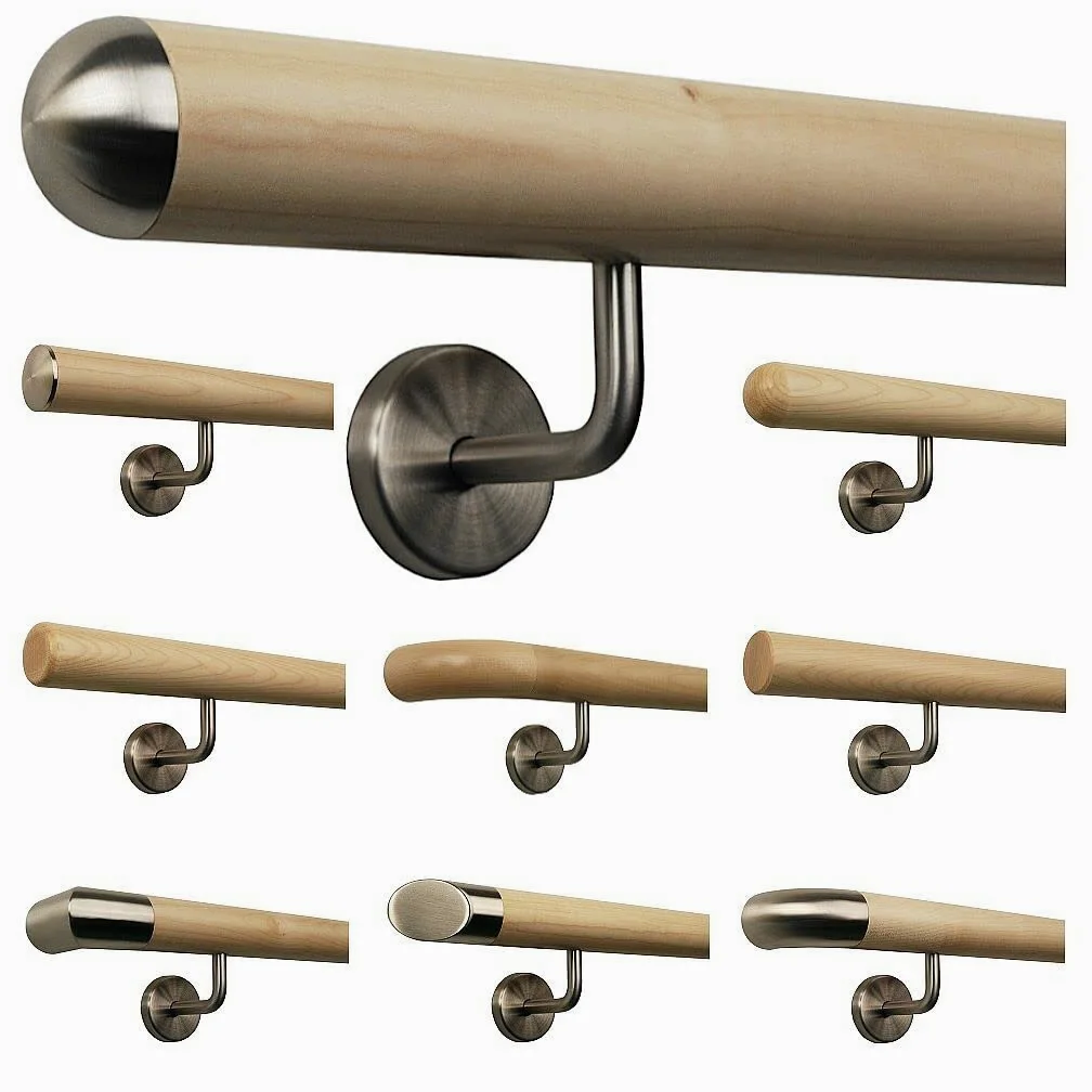 Poręcz schodowa, drewniana, kątowa, ze stali nierdzewnej, długość 30-500 cm, z jednego kawałka/wariant: 190 cm, z 3 uchwytami, półokrągła nasadka ze stali nierdzewnej