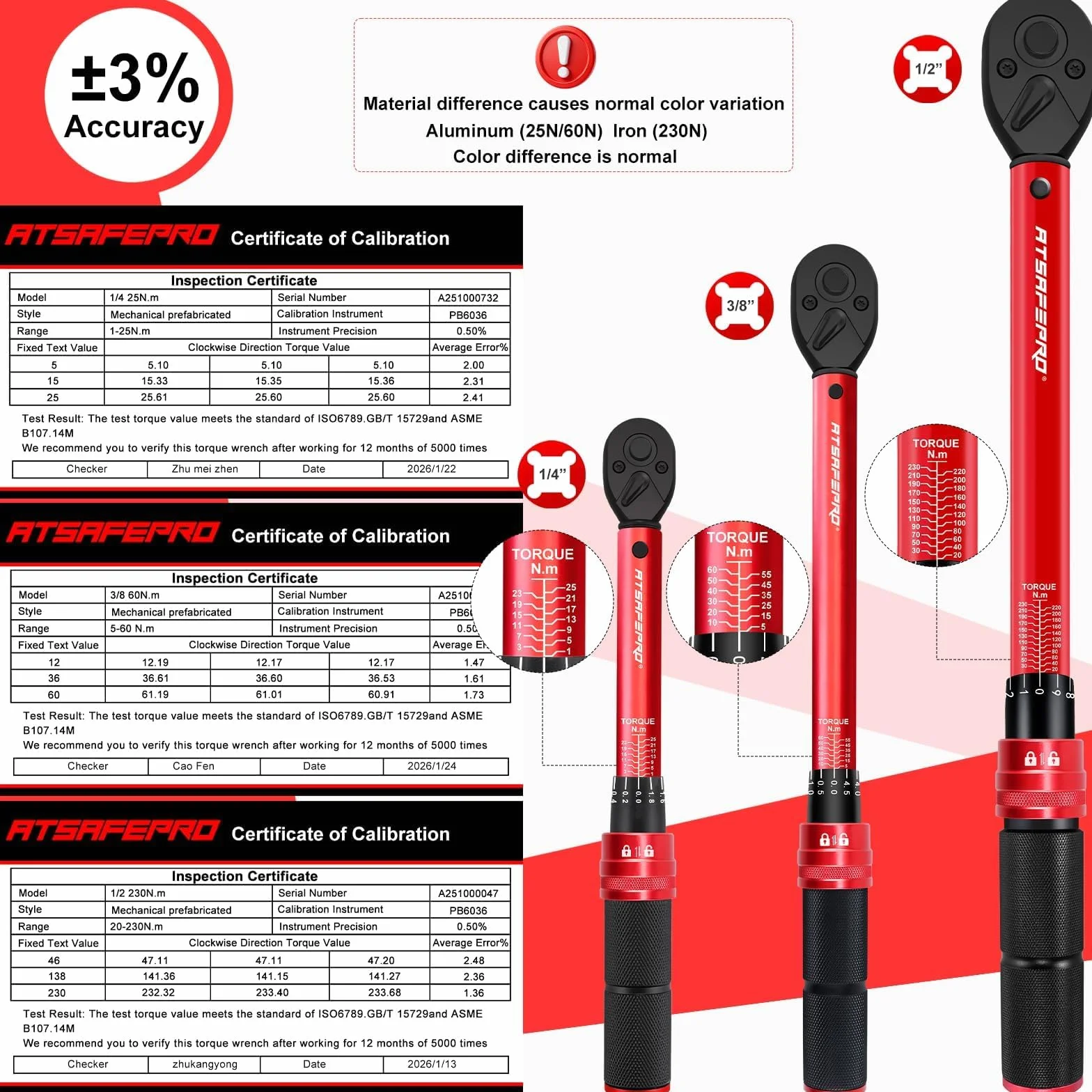 ATsafepro Zestaw 6 Kluczy Dynamometrycznych 1/4", 3/8", 1/2", Regulowane Klucze Dynamometryczne 1-25Nm, 5-60Nm, 20-230Nm Z Grzechotką 72-Zębną, Adaptery 3 szt dokładność ±3% motocykl samochód rower