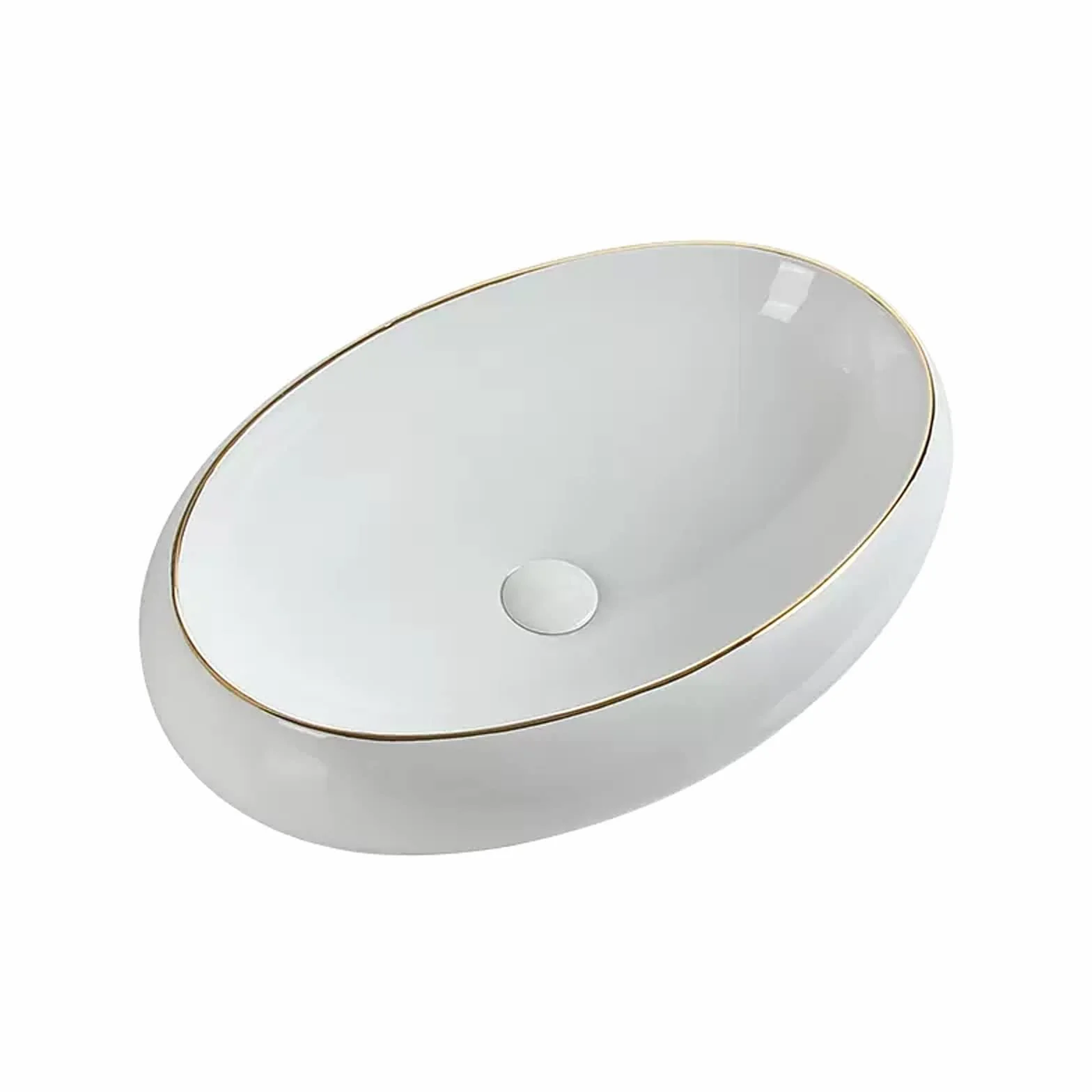 Baño Biała ceramiczna owalna umywalka i wysuwana umywalka nowoczesny kształt jajka nad blatem łazienkowym, elegancka dekoracja ze złotą krawędzią do WC (48 cm)
