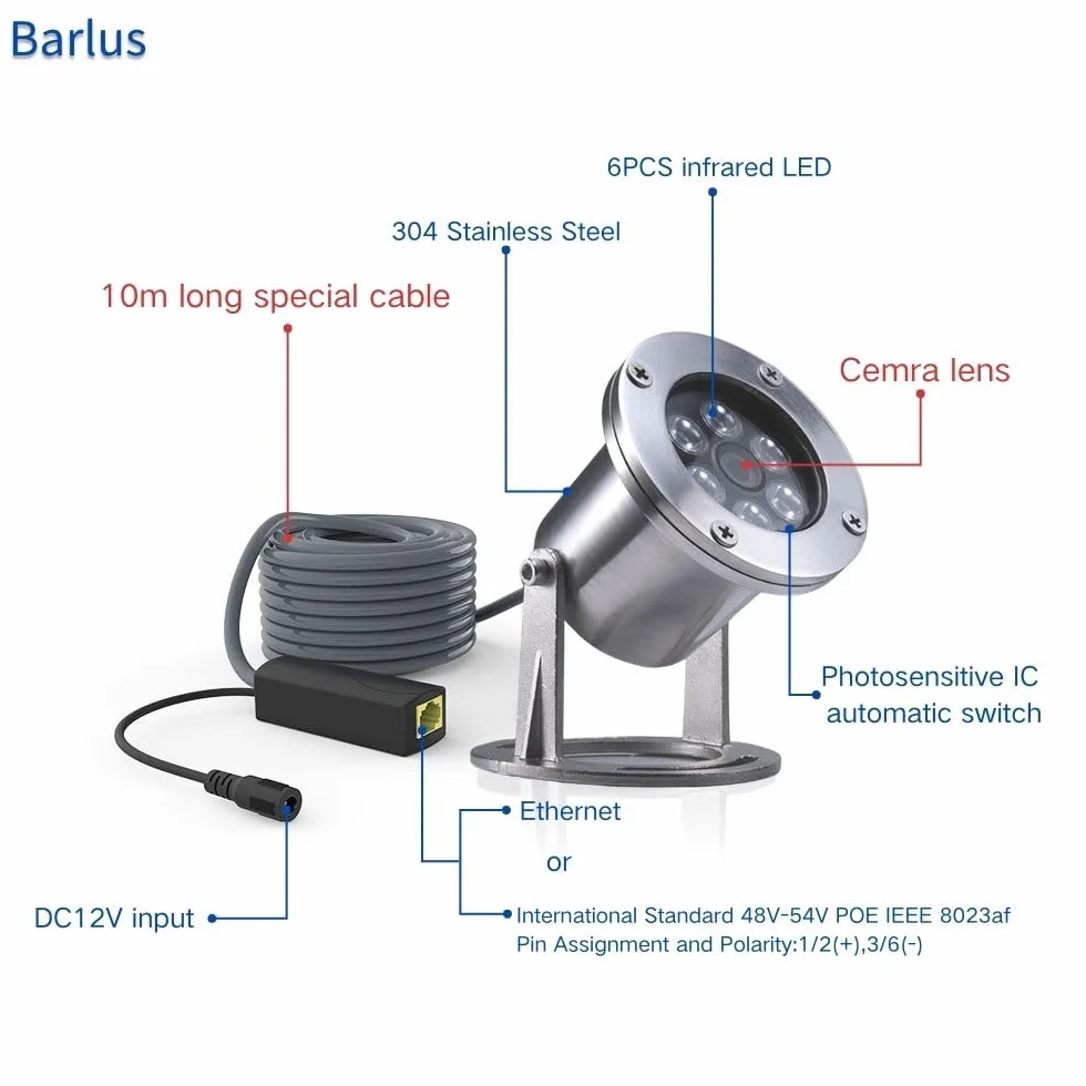 Barlus Kamera podwodna IP68 5MP 304 stal nierdzewna POE