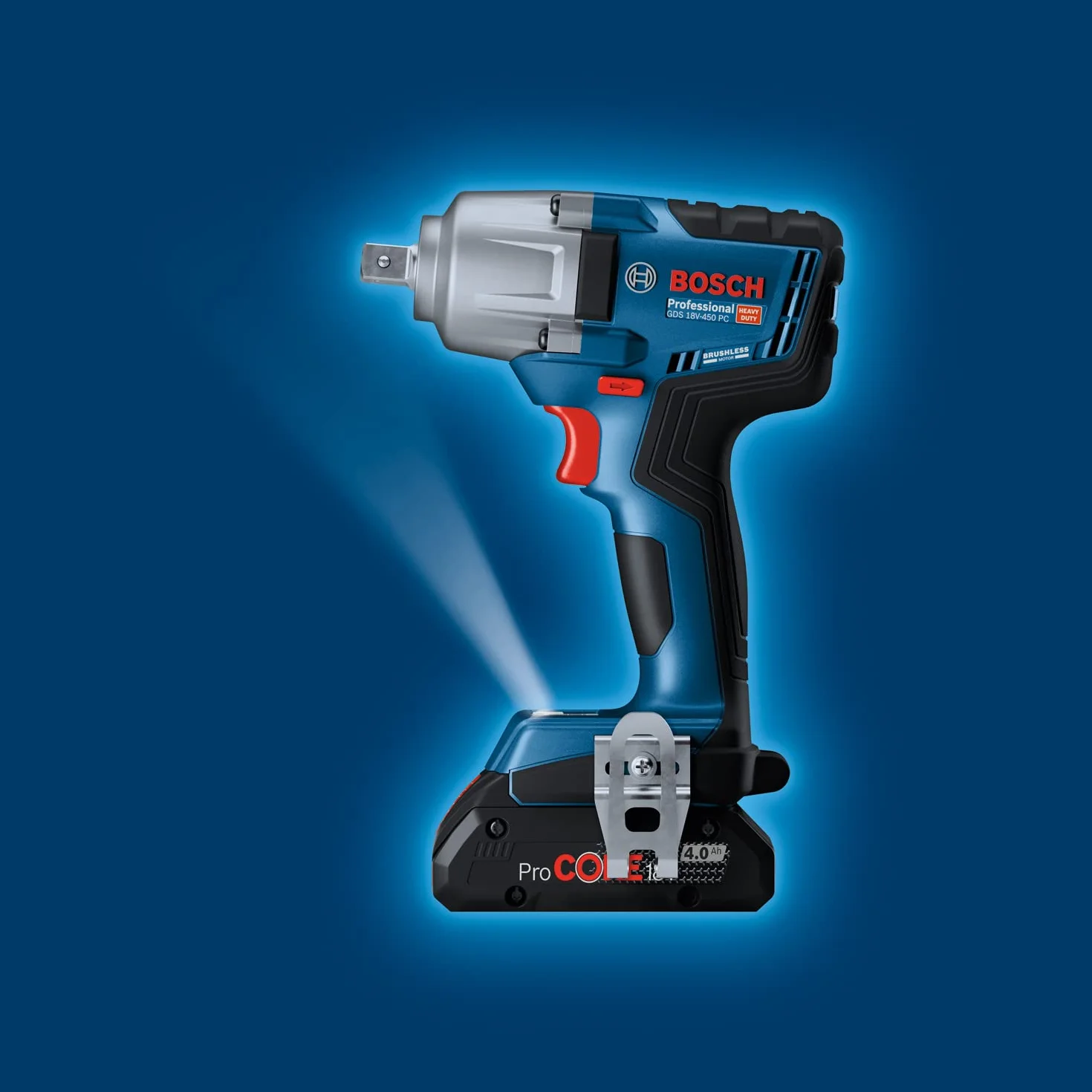 Bosch Professional system 18V: akumulatorowy klucz udarowy GDS 18V-450 PC (2 akumulatory ProCORE 18V 4.0Ah, szybka ładowarka GAL 18V-40, walizka L-BOXX, moduł Bluetooth)