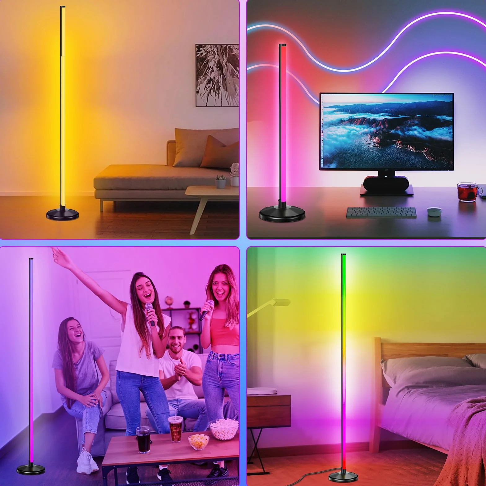 NIKYJM Lampa stojąca LED do salonu, 145 cm, RGB, ściemniana, lampa stojąca LED, lampa narożna z pilotem zdalnego sterowania i aplikacją, 16 milionów kolorów, 300 trybów scenerii, tryb muzyczny, "zrób