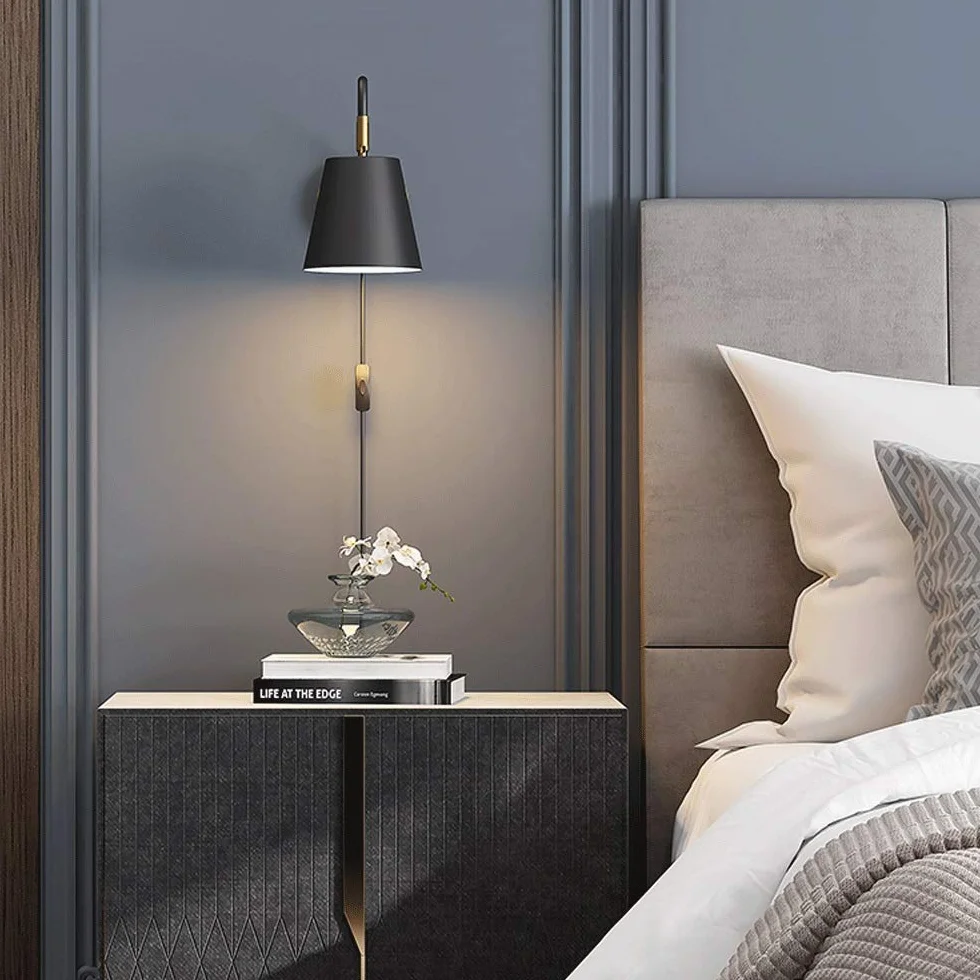 Lampka nocna z przełącznikami, lampa ścienna w stylu skandynawskim z metalowym wykończeniem, E27 oświetlenie wewnętrzne ściany z obrotowym kątem, do salonu i sypialni