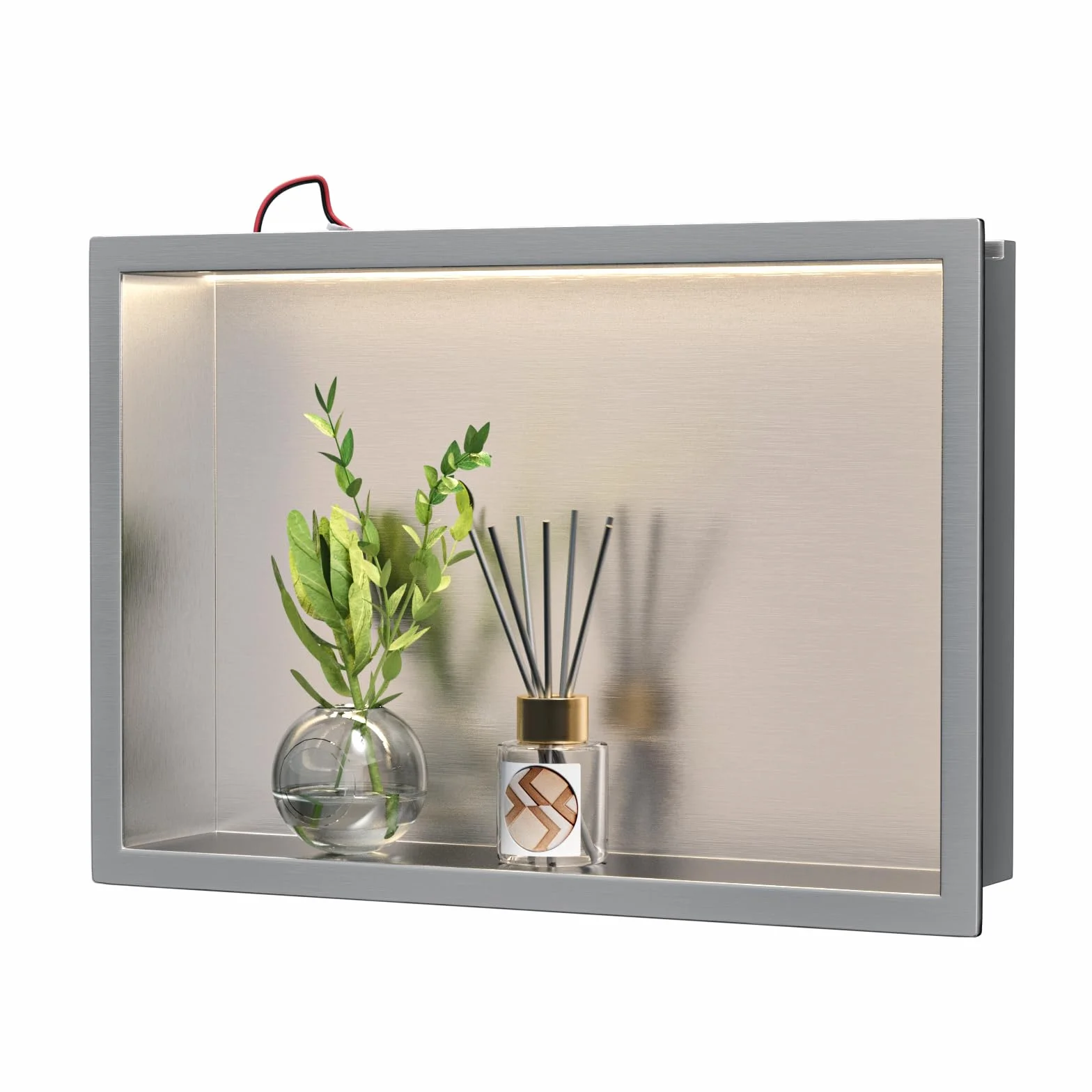Nisza prysznicowa ze stali nierdzewnej 45 cm x 30 cm szczotkowana, z oświetleniem LED | Wodoszczelna, bez konieczności stosowania płytek – wnękę ścienną do przechowywania w łazience, możliwość montażu nad wanną