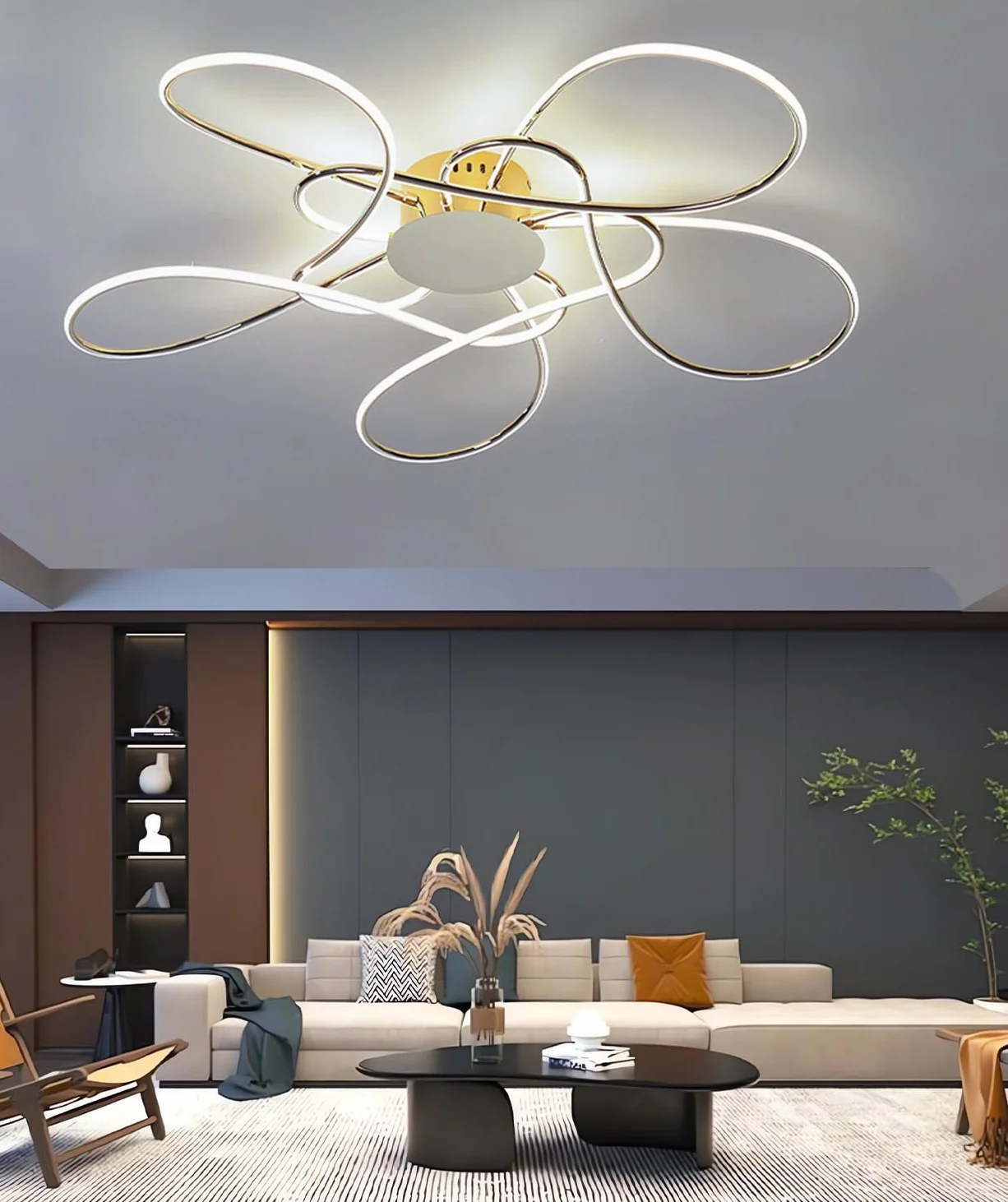 Lampa sufitowa LED do salonu Nowoczesna Prosta reatywna lampa Sufitowa z pilotem zdalnego sterowania Ściemnialne oświetlenie sufitowe Sypialnia Wpuszczane wiszące 3200-6500K (Złoto, Φ90cm)