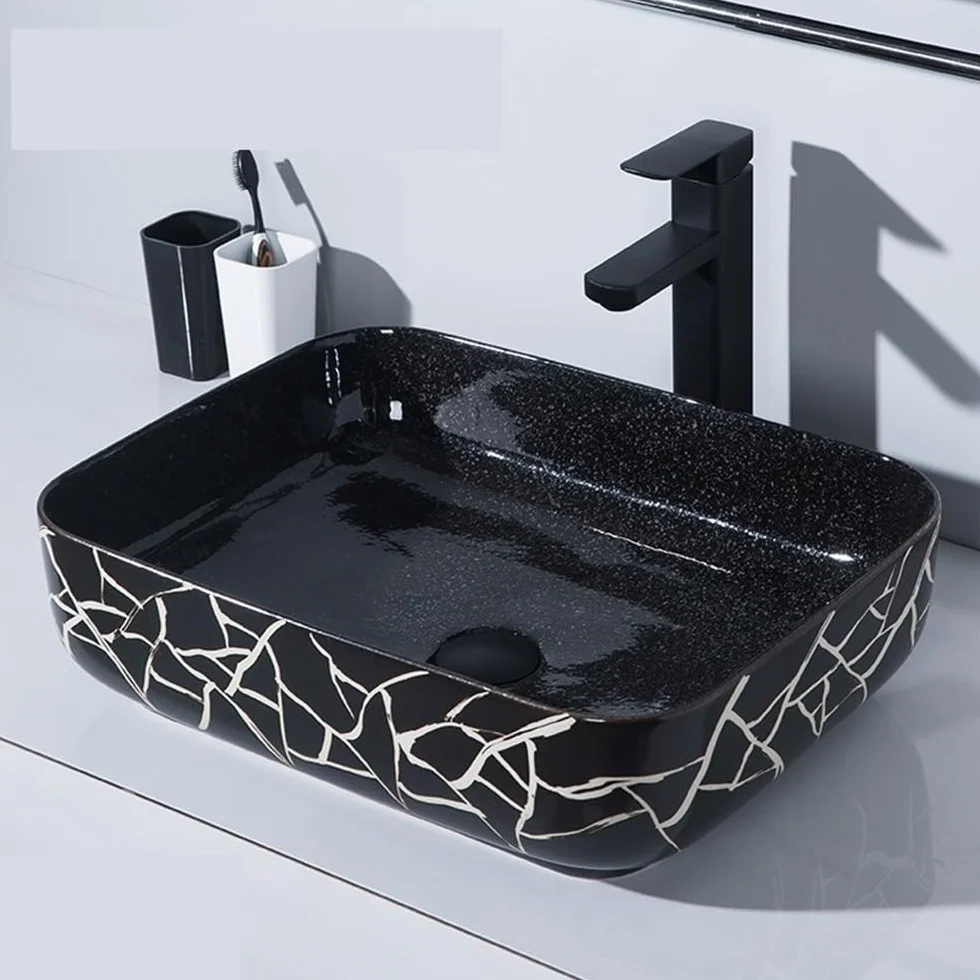 Umywalka łazienkowa nowoczesna minimalistyczna czarna ceramiczna umywalka nablatowa z kranem zestaw odpływowy umywalka