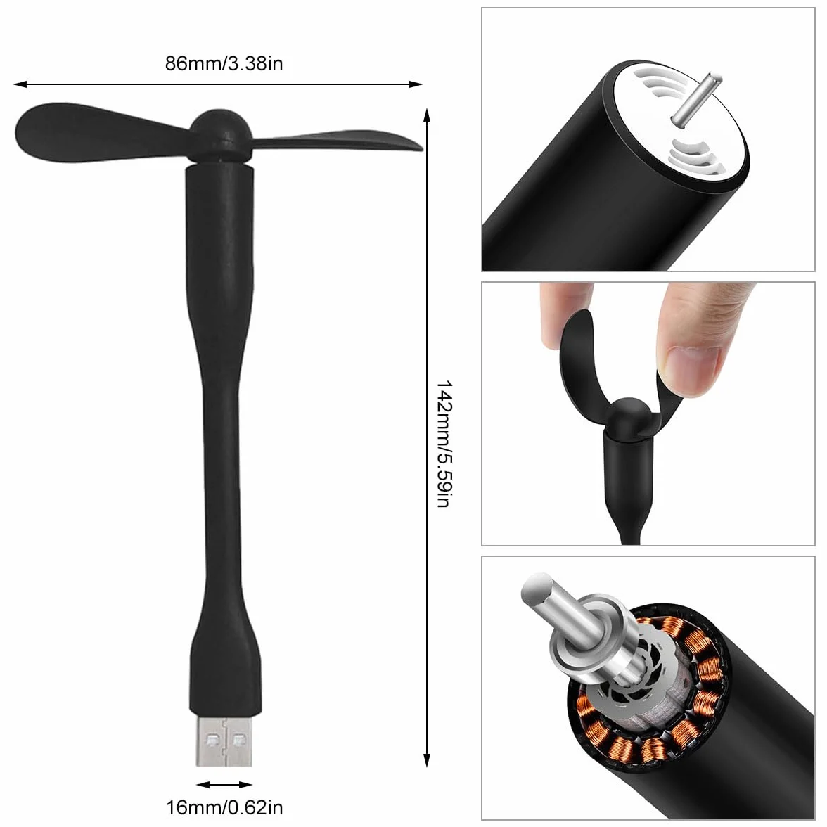 Cerioll mini wentylator USB 4 sztuki elastyczny do komputera notebooka powerbanku czarny biały różowy niebieski