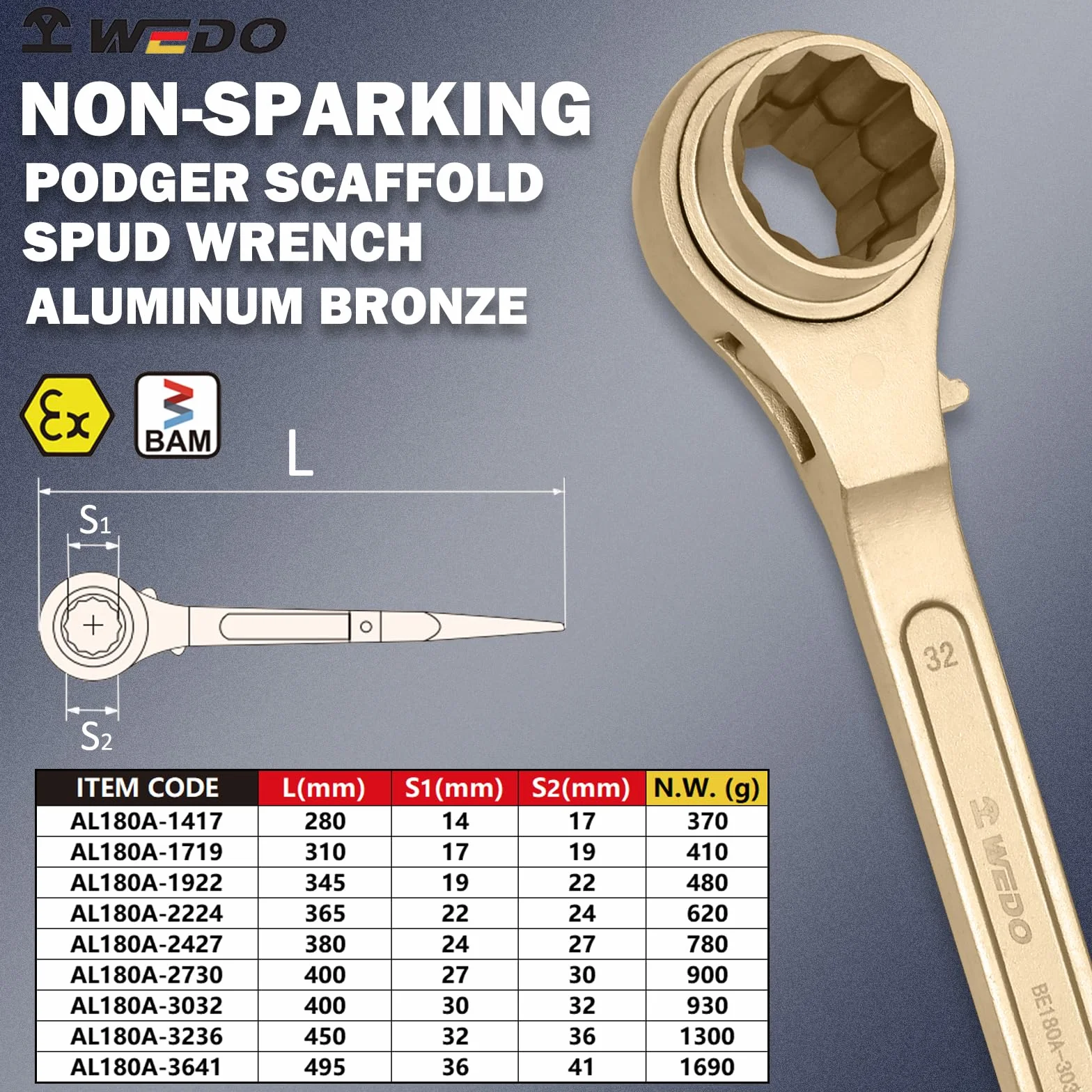 WEDO Nieparkingowy klucz grzechotkowy do rusztowania ze spiczastą głowicą, dwustronny klucz grzechotkowy, grzechotka 17 x 19 mm, długość 310 mm, brąz aluminiowy, certyfikat DIN, certyfikat BAM i FM