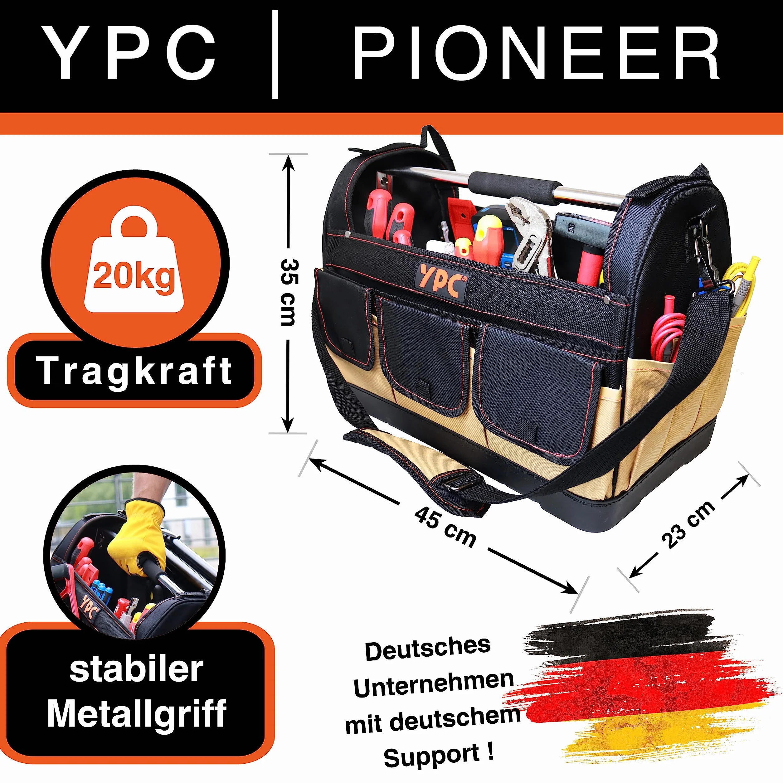 YPC Pioneer Kosz narzędziowy XXL – profesjonalna, przenośna torba na narzędzia ze stabilnym dnem, wodoodporna, odporna na rozerwanie, pasek na ramię z wyściółką i metalowym uchwytem, beżowo-czarna, 45
