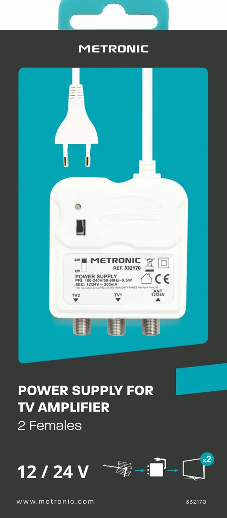 METRONIC 332170 Wzmacniacz wewnętrzny 2 wyjścia TV 9,52 mm Zasilacz 12/24V Biały