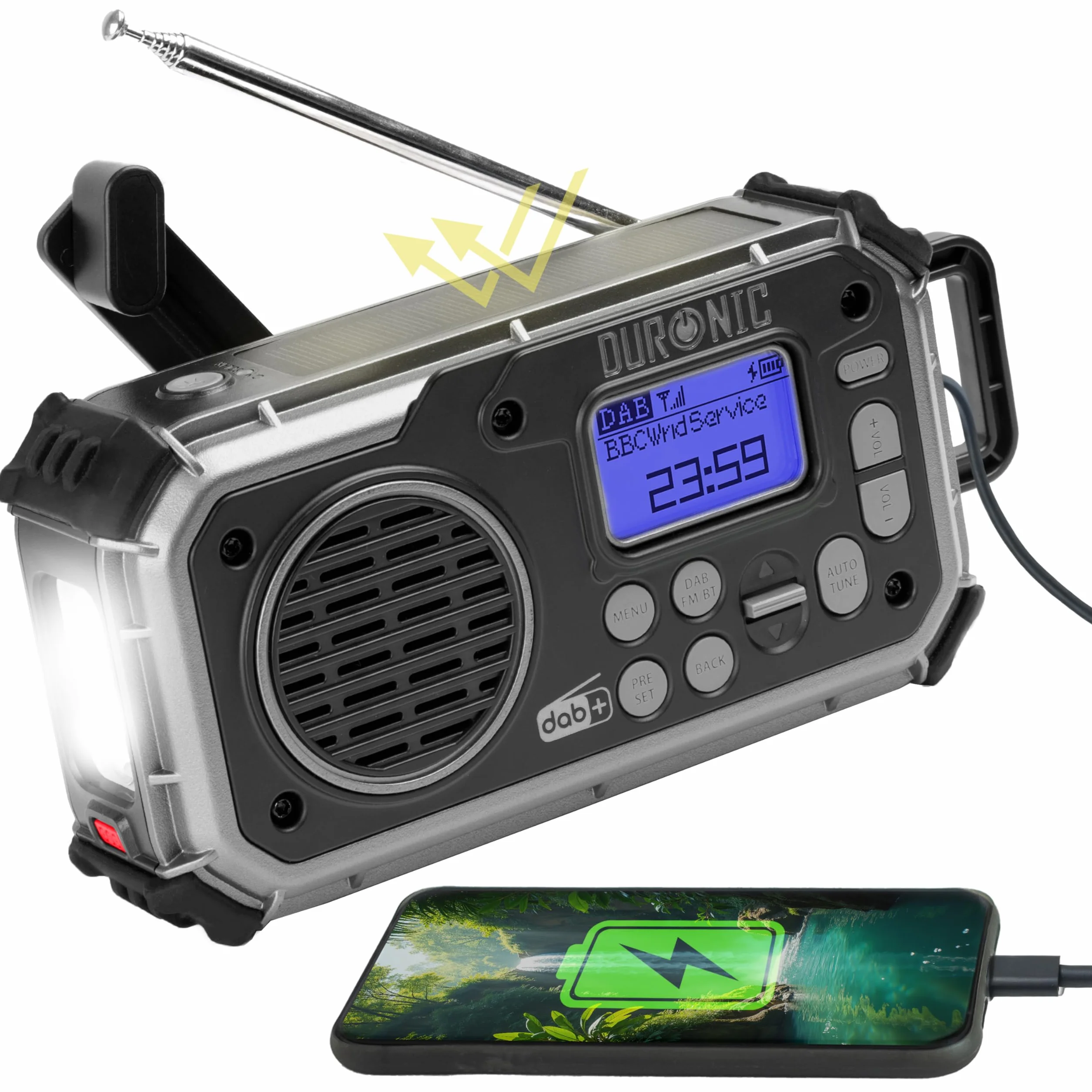 Duronic SDAB1 Radio solarne z dynamem awaryjne pogodowe DAB FM AM USB A C powerbank latarka