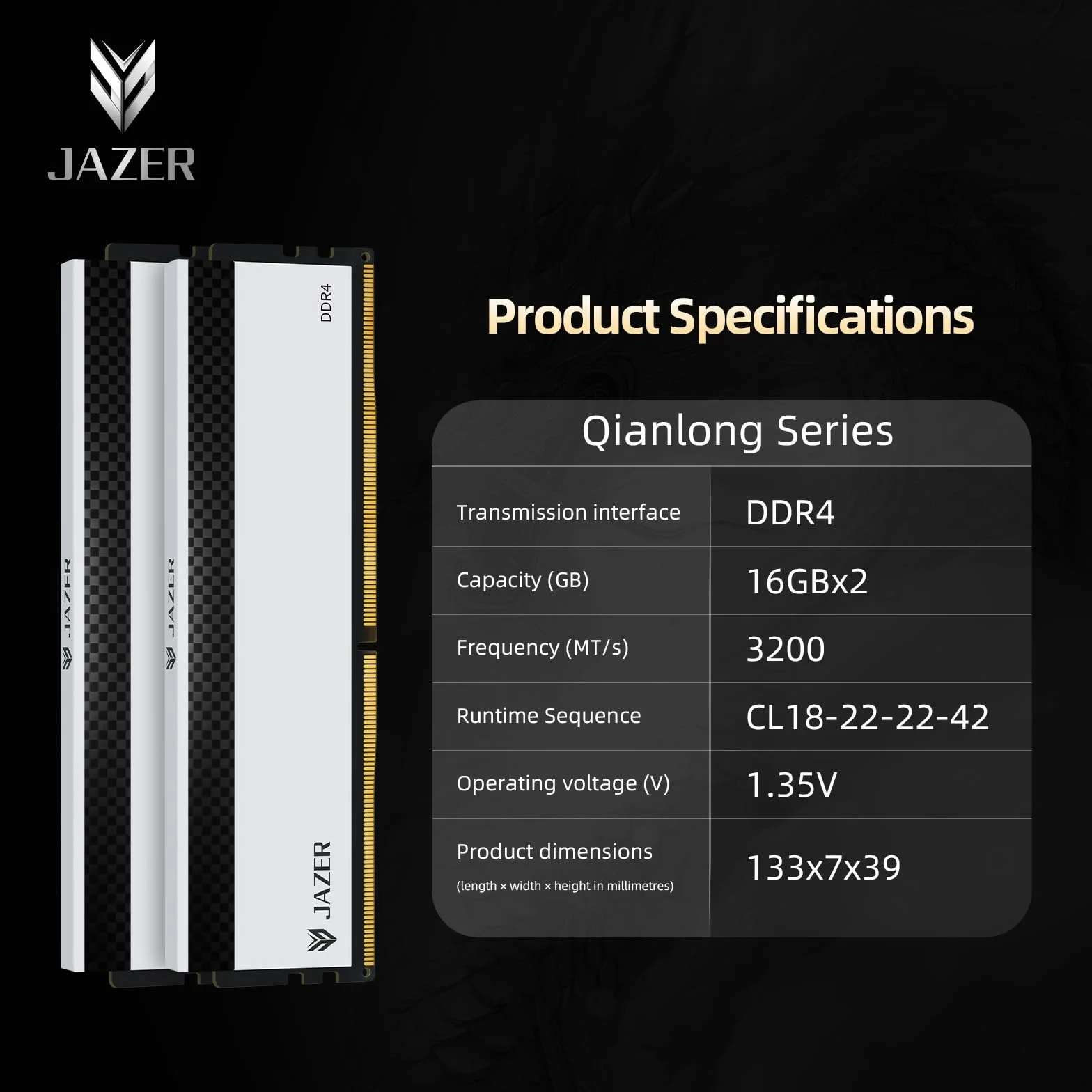JAZER Pamięć RAM DDR4 32 GB (2 x 16 GB) 3200 MHz CL18, XMP 2.0 przetaktowanie, pamięć 1,35 V UDIMM, wysoka wydajność pamięci operacyjnej dla graczy, kolor biały