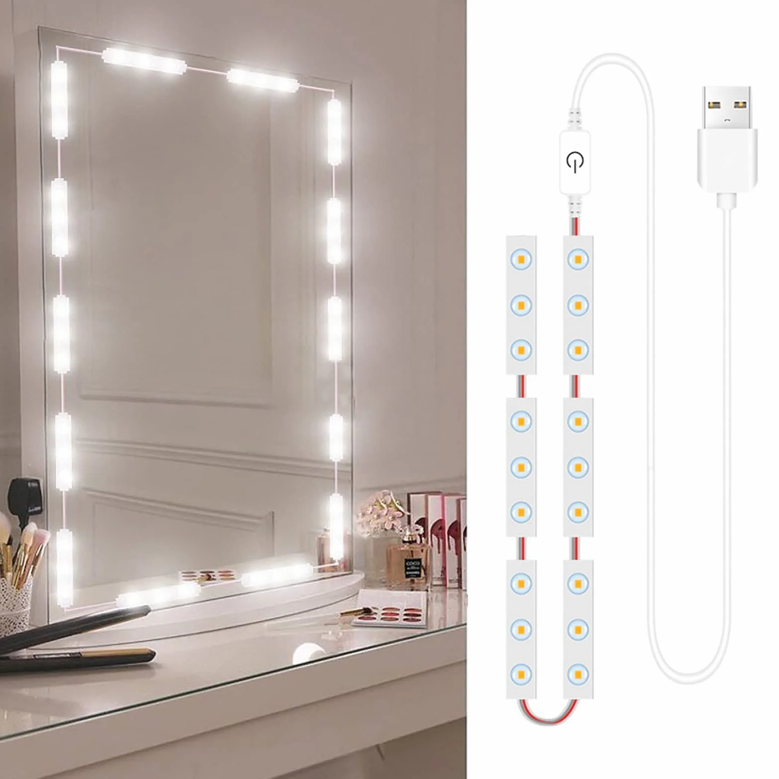 Taśmy LED, lusterko kosmetyczne LED, 18 diod LED, regulowane sterowanie dotykowe, oświetlenie lustra do makijażu do lustra łazienkowego z kablem USB, lusterko kosmetyczne