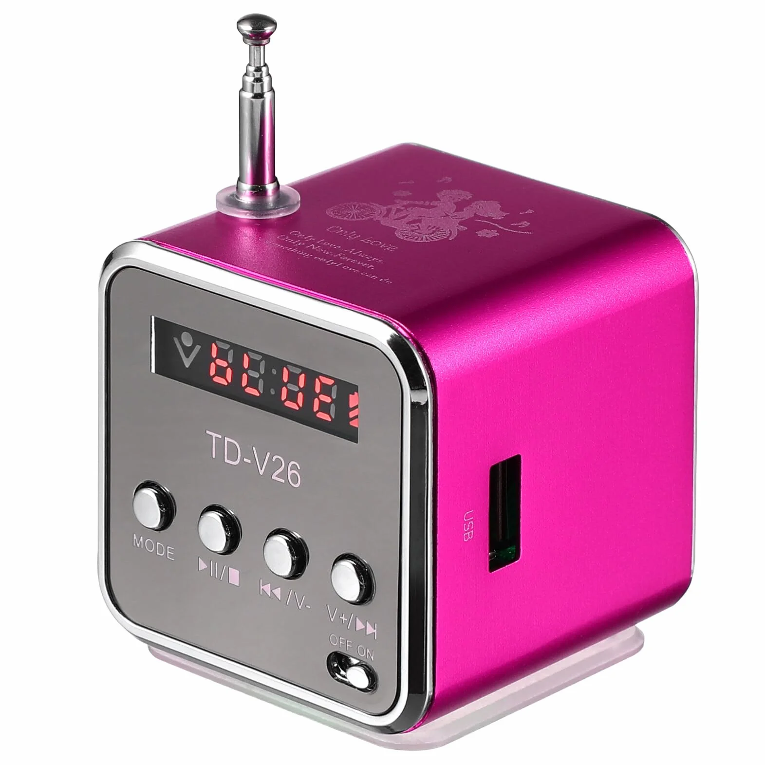 iplusmile -V26 cyfrowy głośnik mini radio FM stereo MP3 MP4 odtwarzacz muzyki obsługuje karty Micro Sd/TF/USB/Disk/Fm (różowy)