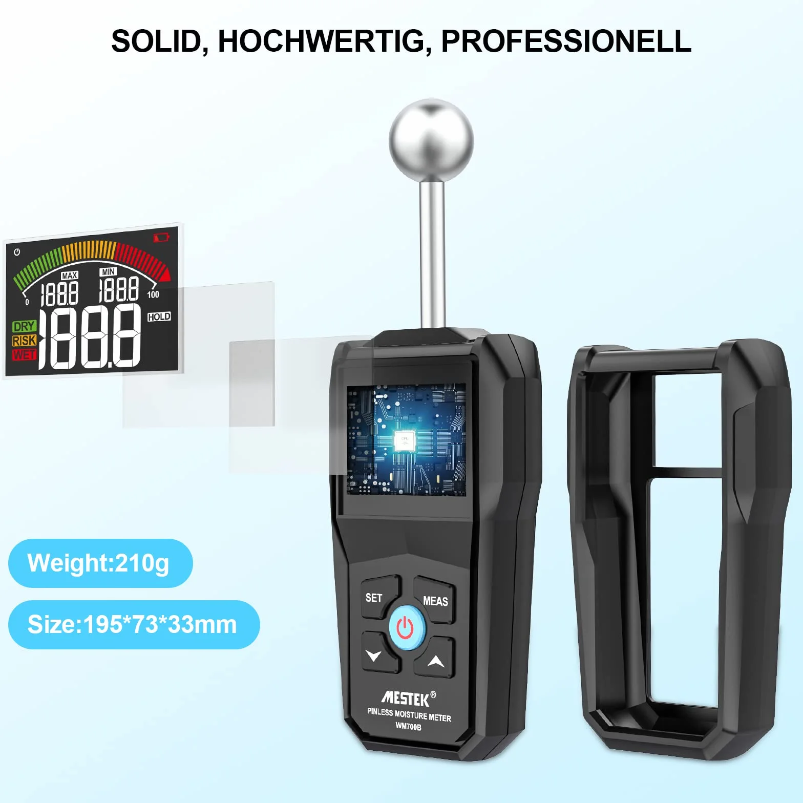 Detector Wilgotności MESTEK 20-40mm Wilgotnościomierz Czujnik Wilgotności Miernik wilgotności Cyfrowy Wyświetlacz LCD Alarm dźwiękowy Przenośny z Baterią do ścian Drewnianych Zaprawa Cementowa