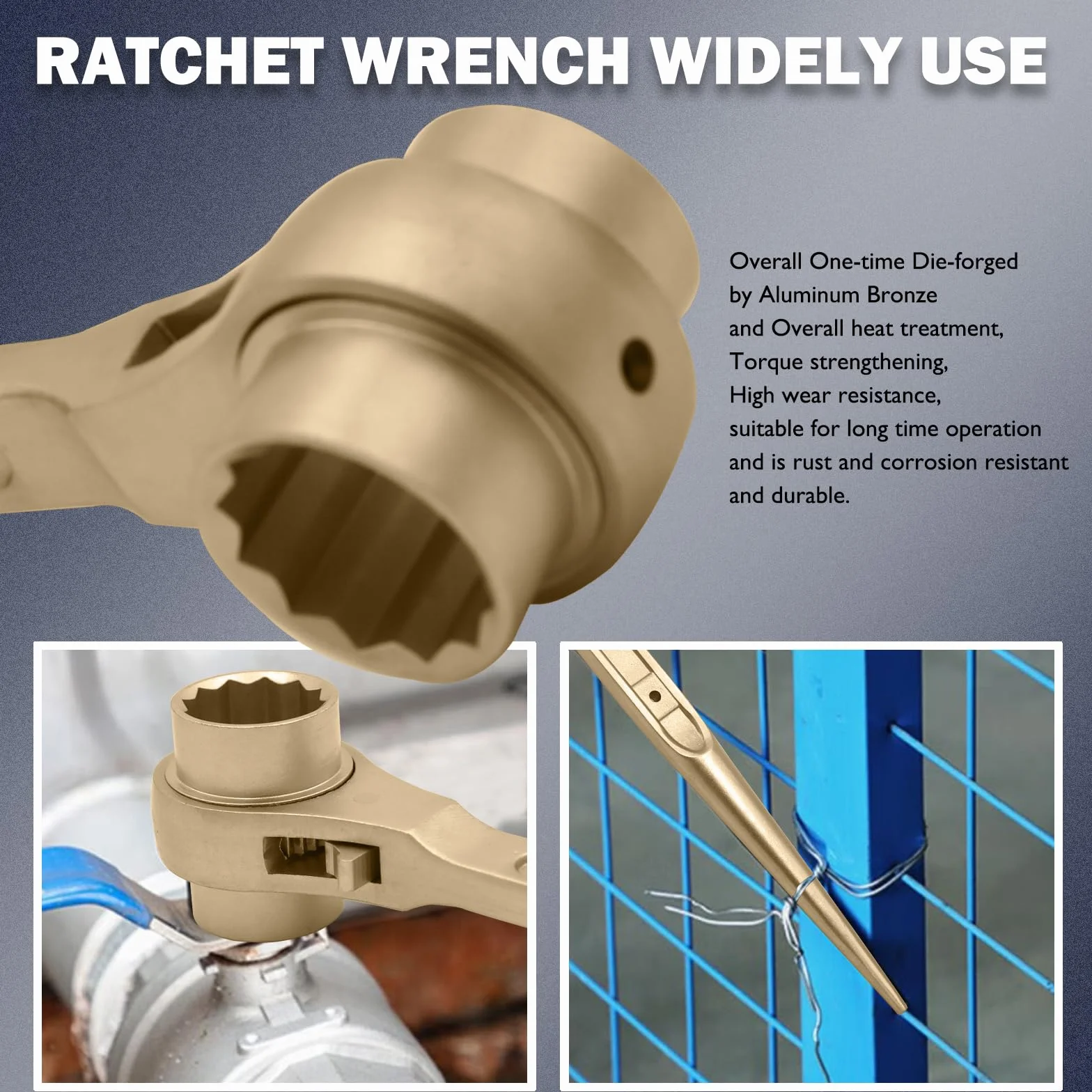 WEDO Nieparkingowy klucz grzechotkowy do rusztowania ze spiczastą głowicą, dwustronny klucz grzechotkowy, grzechotka 17 x 19 mm, długość 310 mm, brąz aluminiowy, certyfikat DIN, certyfikat BAM i FM
