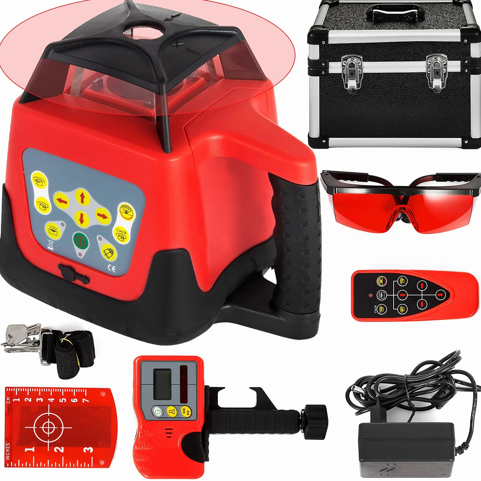 Laser rotacyjny, samopoziomujący laser budowlany z odbiornikiem, laser liniowy 360 stopni, z pilotem zdalnego sterowania i laserowym okularami ochronnymi, zakres pomiarowy 500 m
