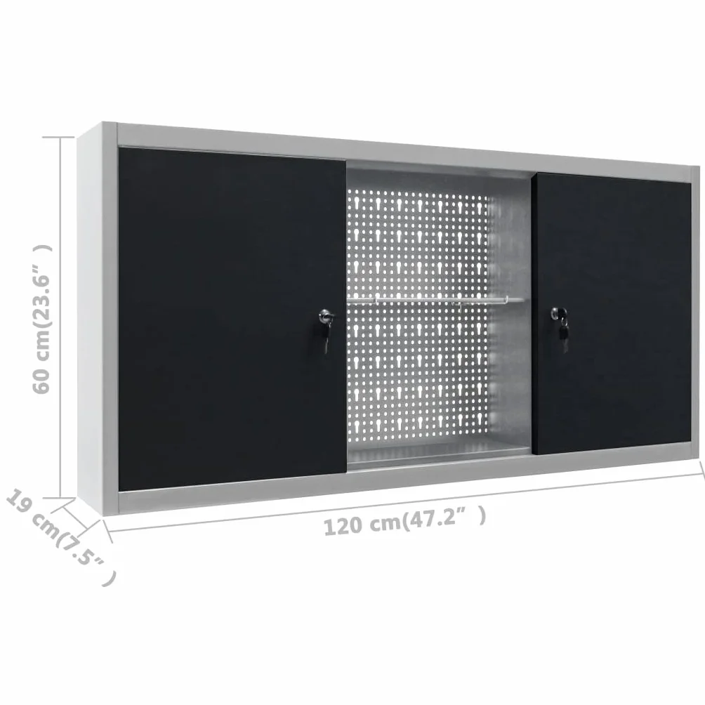 Ściana szafka narzędziowa w stylu przemysłowym, metalowa, szara, czarna, 120 x 19 x 60 cm, z 3 regulowanymi półkami, zamykana, do warsztatu, garażu, piwnicy, dla majsterkowiczów