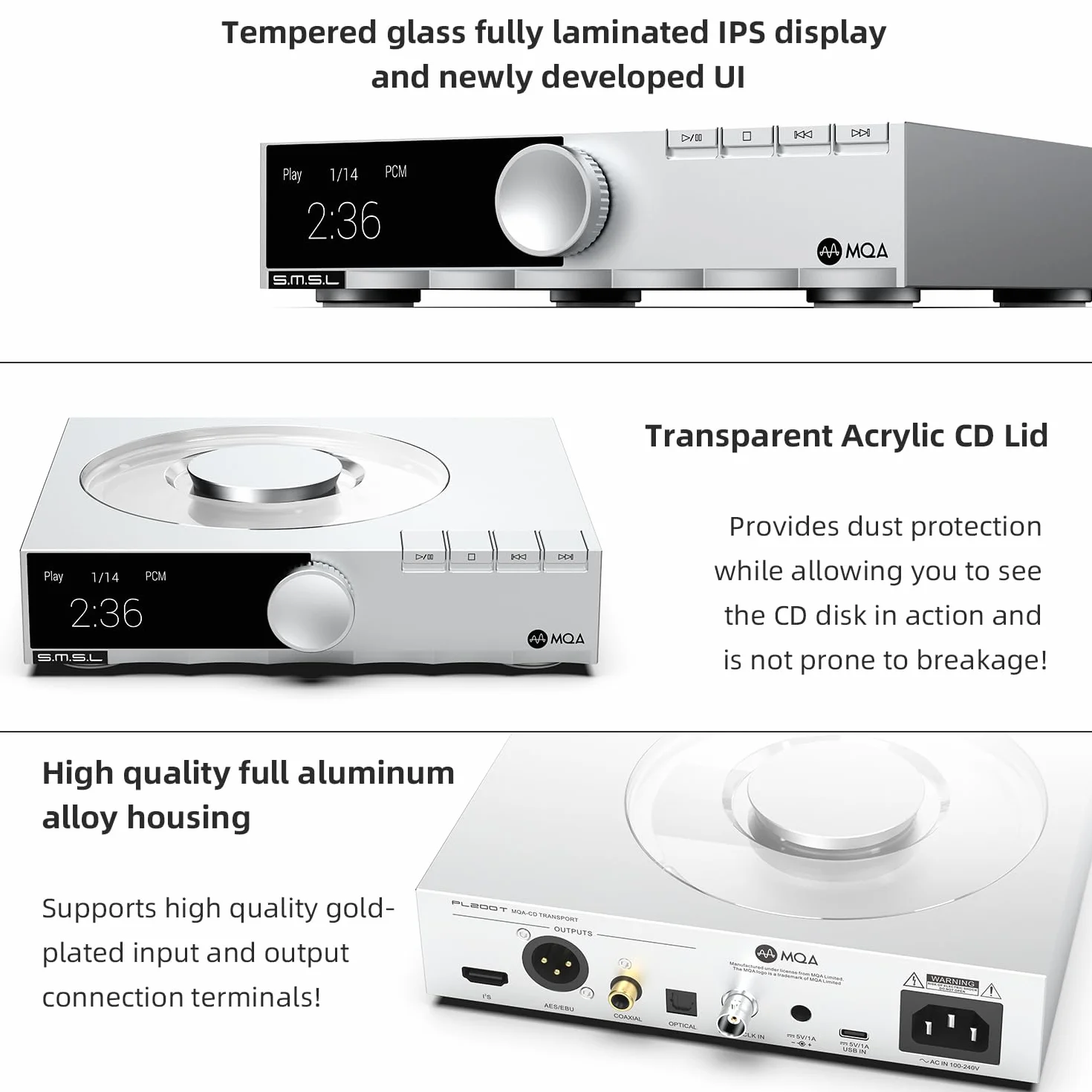 SMSL PL200T MQA-CD odtwarzacz cyfrowy 32bit/768kHz DSD512 Hi-Fi dekoder optyczny I²S AES