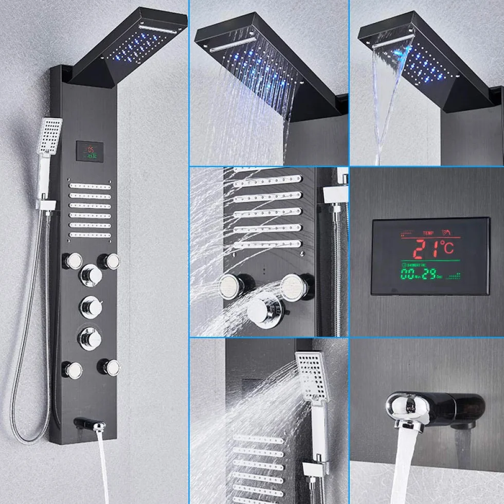 Czarny hydroelektryczność LED deszcz wodospad prysznic panel masaż spa dysze LCD cyfrowy wyświetlacz system prysznicowy kolumna prysznicowa