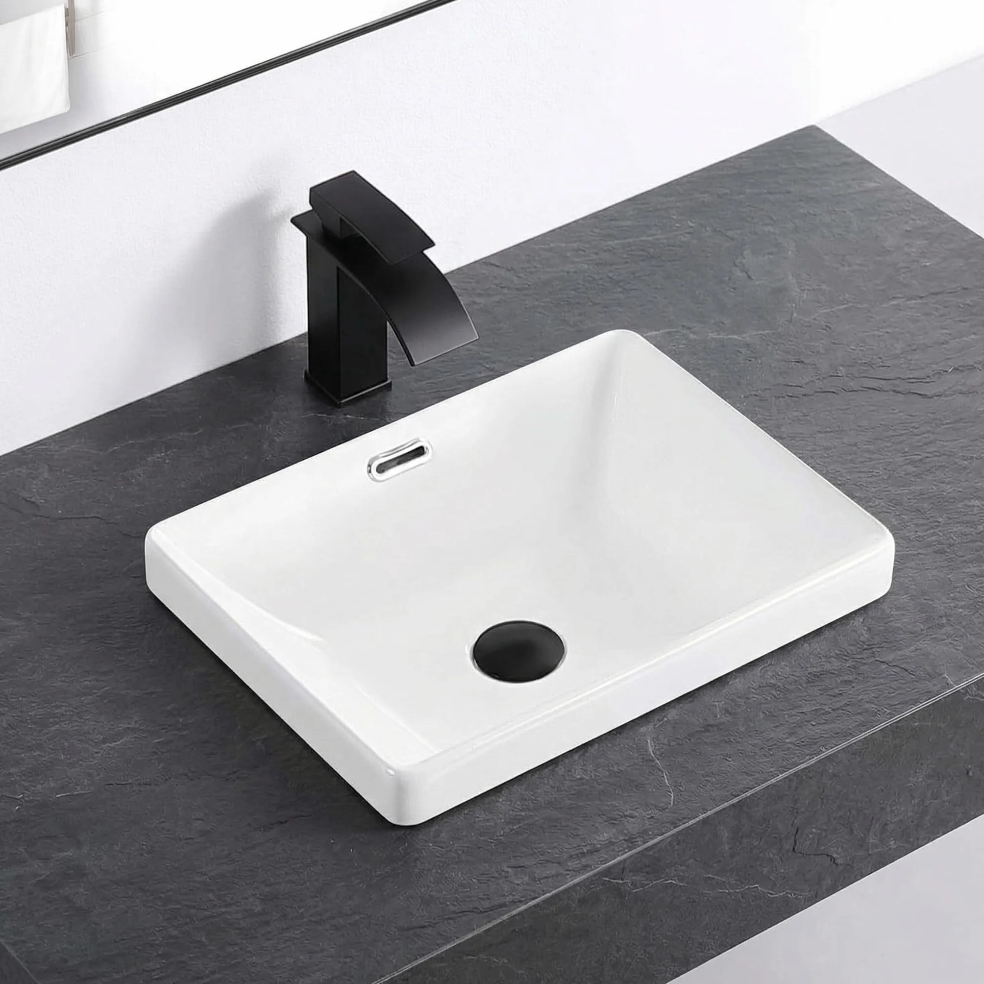 Prostokątna umywalka łazienkowa 51 cm x 36 cm, biała porcelanowa ceramiczna umywalka umywalkowa z przelewem, częściowo wpuszczana nad blatem do łazienki, toaletki, toalety