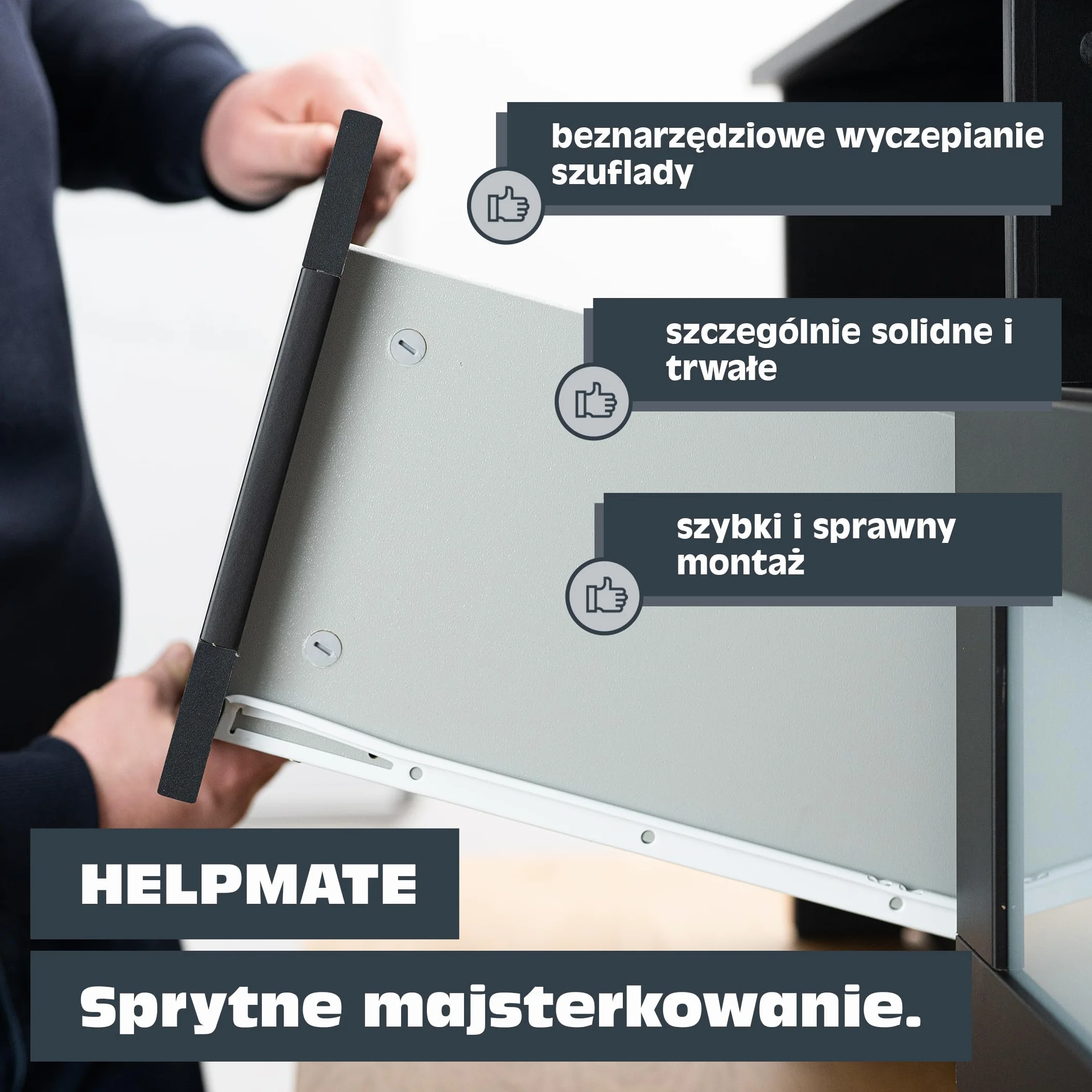 HELPMATE – Prowadnica przesuwna 450 mm – 1 para – biała | Prowadnica szuflady przystosowana do częściowego wysuwu – wraz z elementami mocującymi