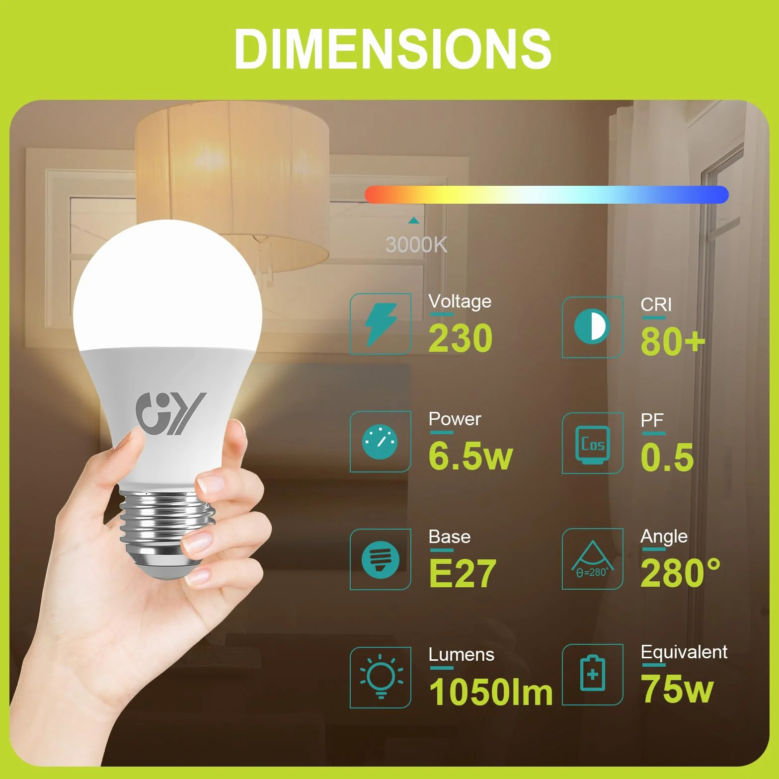 GY Żarówka E27 LED 6,5W 1050LM, Ciepła Biel 3000K, Kąt Wiązki 280°, Nieściemniane, Matowe, CRI>80, Zastępuje Lampa Halogenowe 75W, Pakiet 6 Sztuk