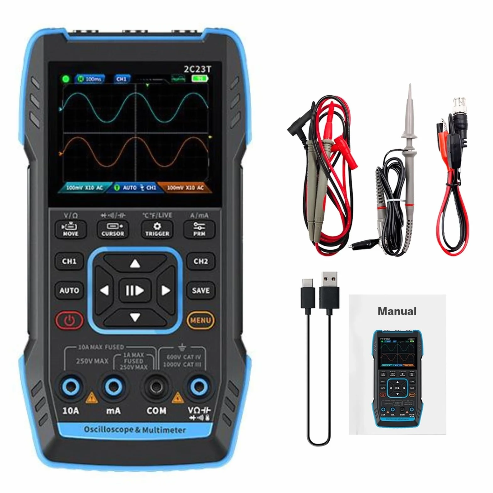 2C23T Oscyloskop, 3 w 1 Przenośny Multimetr/Generator Sygnału Cyfrowego 2kanały 10 MHz Częstotliwość próbkowania 50MSPS/9999 Liczba