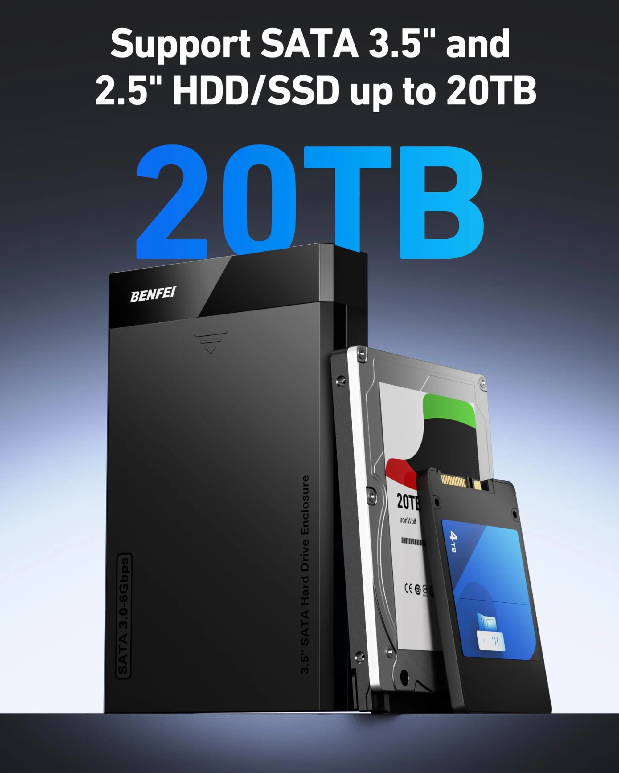 BENFEI Obudowa HDD/SSD SATA 3,5/2,5 cala, konstrukcja bez narzędzi, obsługuje dyski twarde 20 TB i UASP