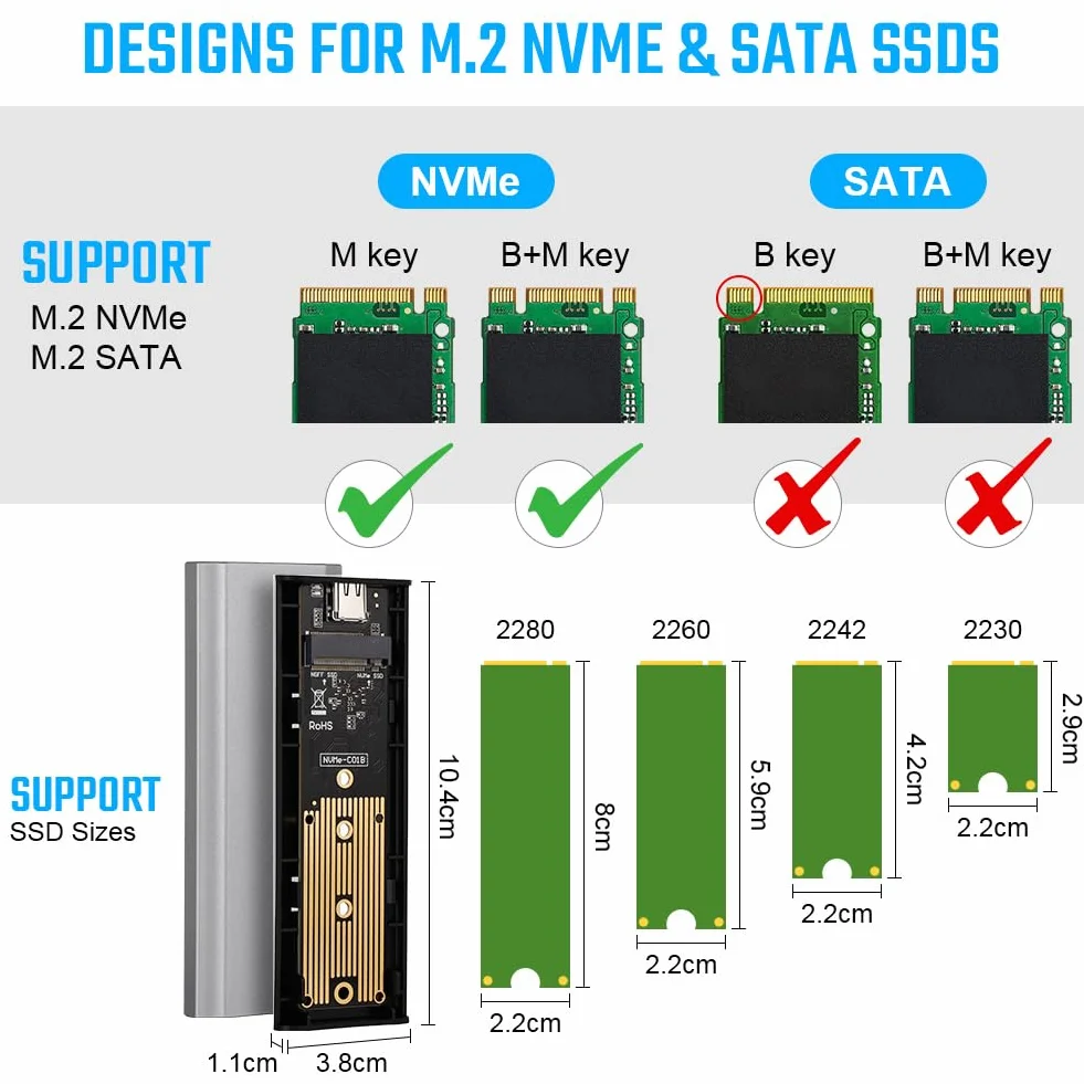 AXFEE Obudowa dysku SSD M.2 NVME, obudowa USB 3.2 Gen 2 NVMe, aluminiowe, beznarzędziowe obudowy zewnętrzne, adapter USB C NVMES 10 Gb/s, obsługa UASP i TRIM do kluczy M i M+B w dyskach SSD 2230/2242