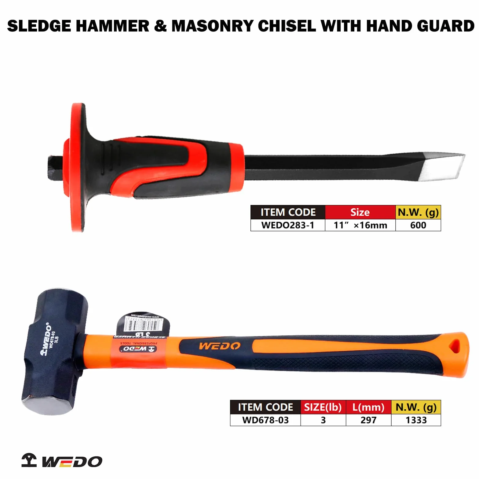 WEDO Młot kowalski 1,4 kg i płaskie dłuto 28 cm z ochroną dłoni, dłuto z płaską głowicą murarską i młotkiem klubowym, antypoślizgowy uchwyt, dłuto do betonu do wyburzania kamienia, łamania rzeźbienia