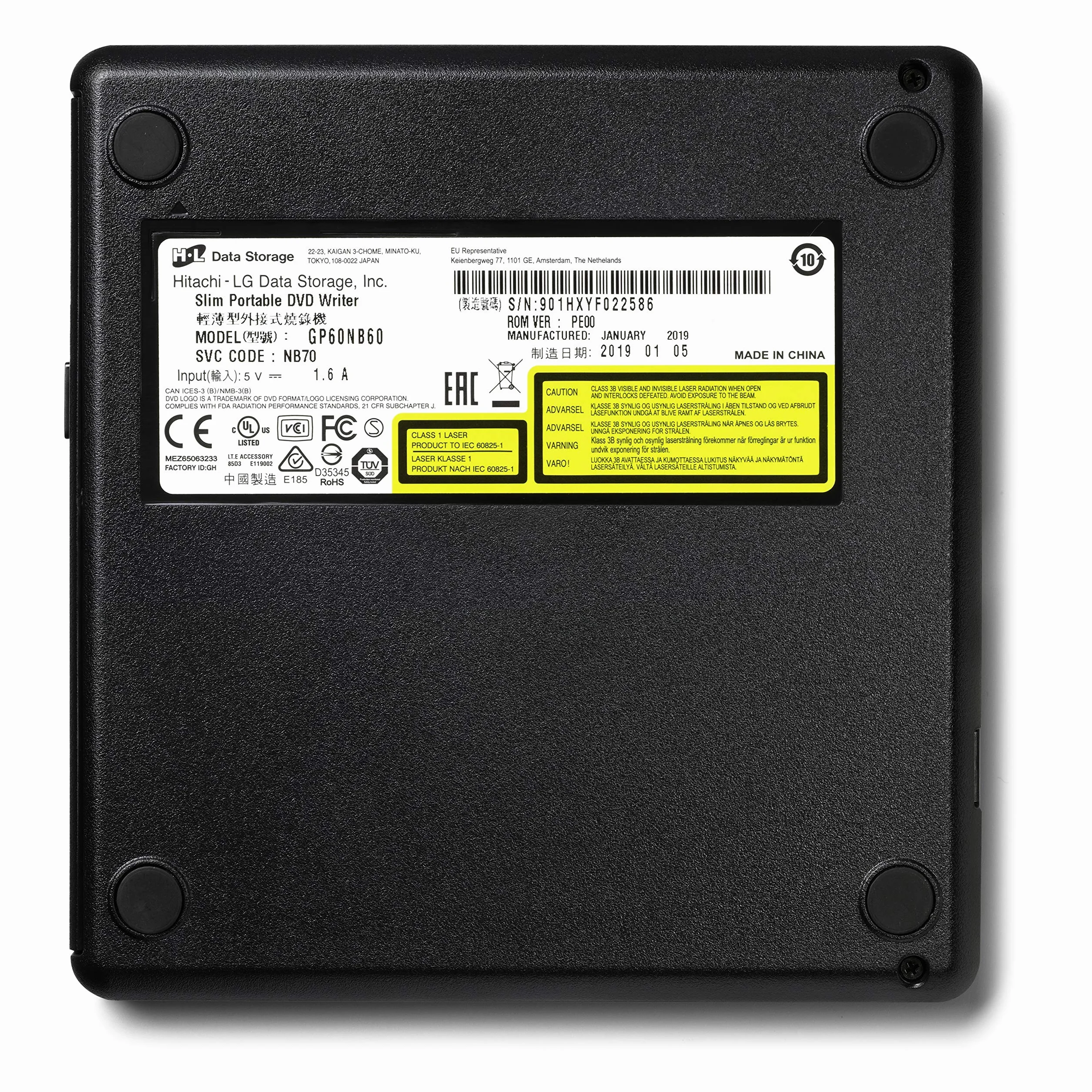 Hitachi-LG GP60 External DVD Drive Slim Portable DVD Burner USB 2.0 8x Read Write Speed Black