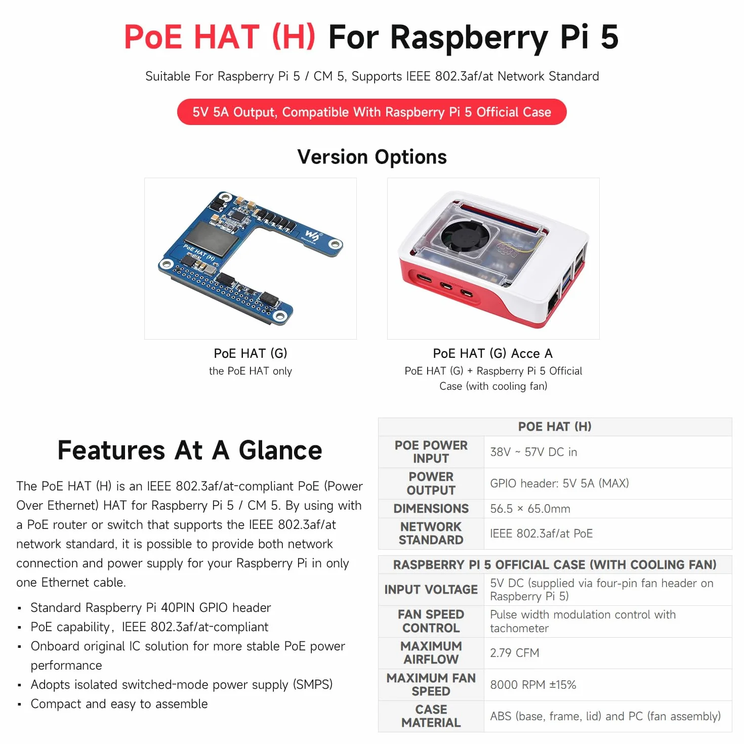 Waveshare Power Over Ethernet HAT (H), Compatible with Raspberry Pi 5 / CM 5, 5V 5A Output, Stable Performance, Supports 802.3af/at Network, Isolated Switched-Mode Power Supply, PoE HAT, Board ONLY